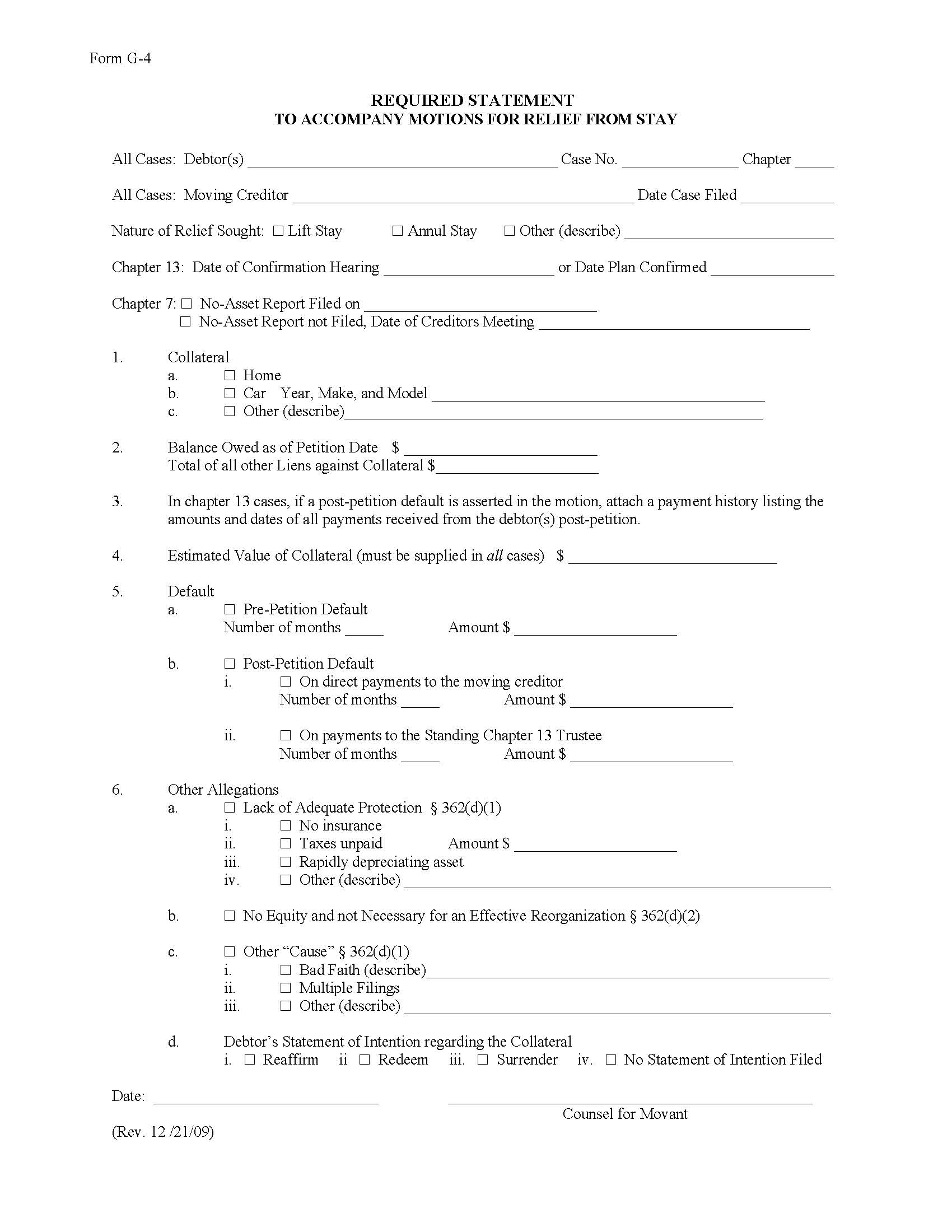 Required Statement To Accompany All Motions For Relief From Stay {G-4} | Pdf Fpdf Docx | Illinois