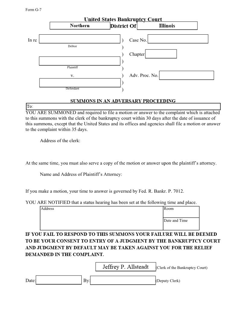 Summons In An Adversary Proceeding {ILNB G-7} | Pdf Fpdf Docx | Illinois