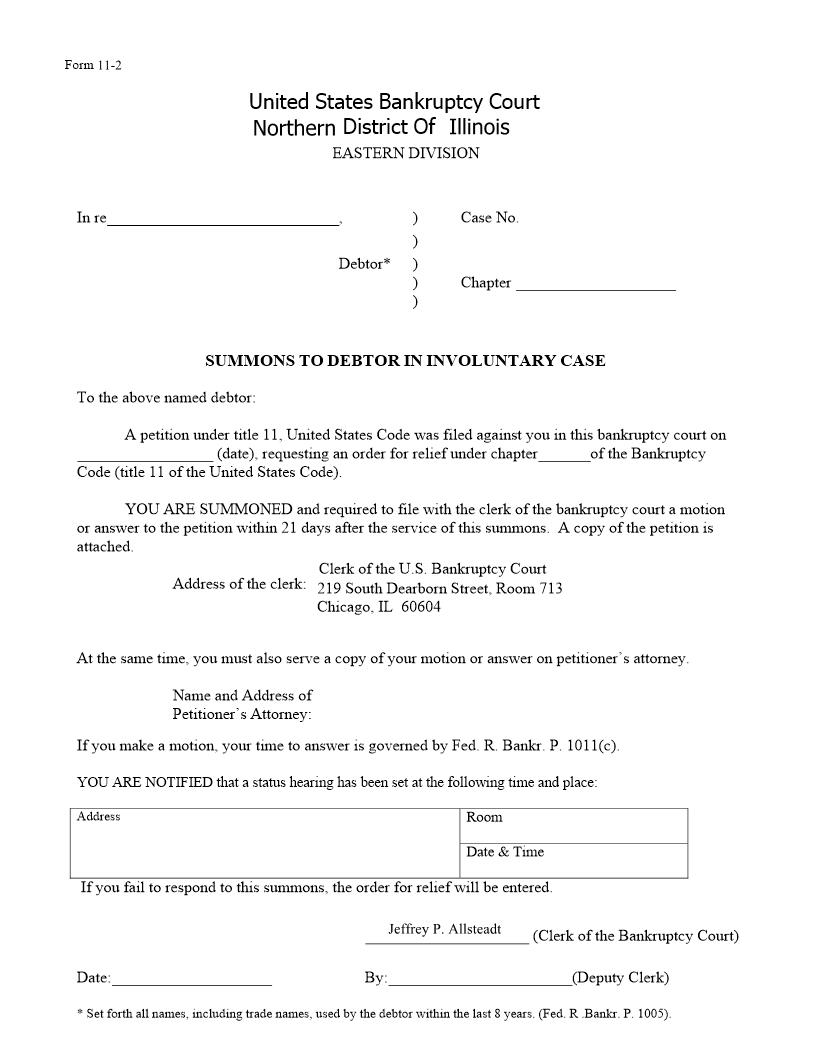 Summons To Debtor In Involuntary Case {11-2} | Pdf Fpdf Docx | Illinois