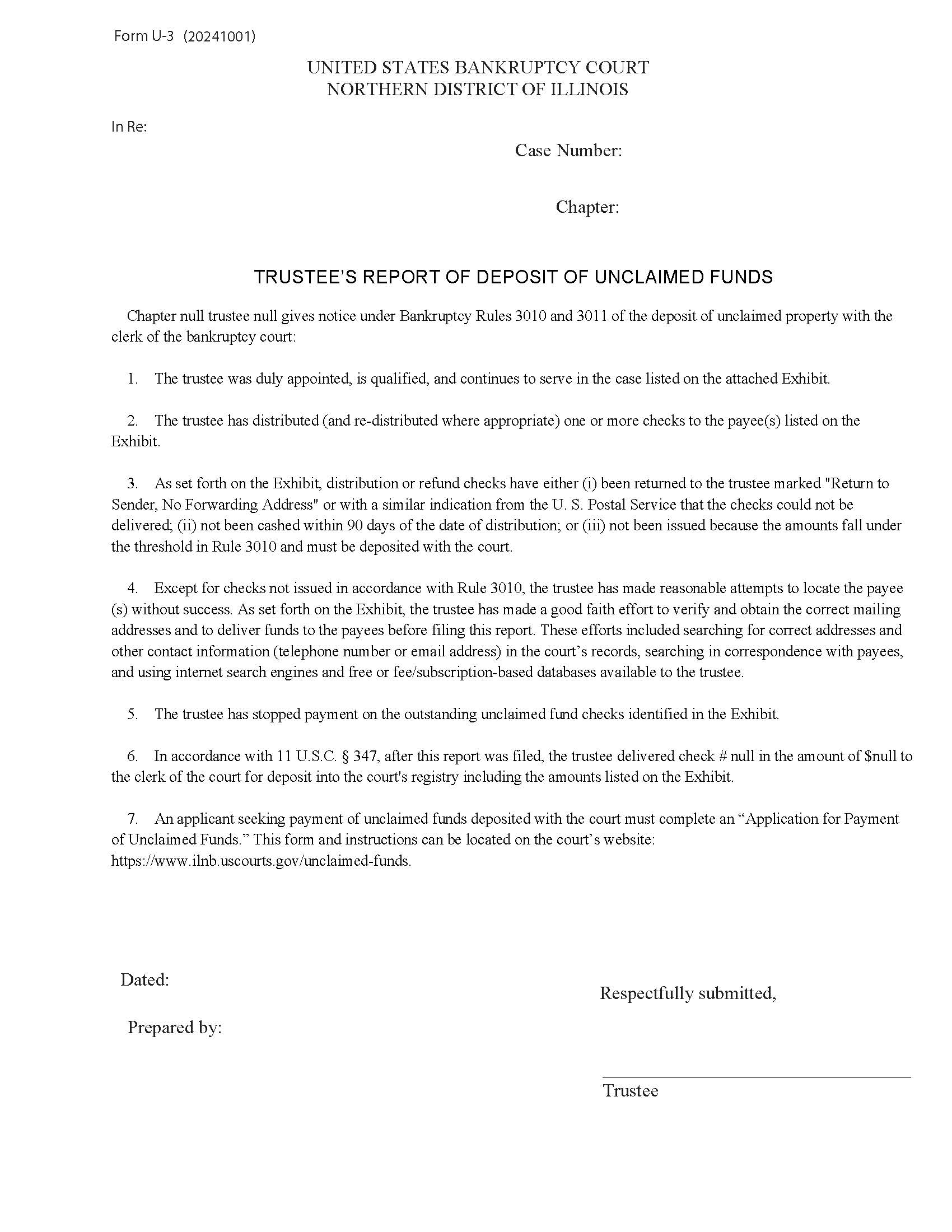 Trustees Report Of Deposit Of Unclaimed Funds {U-3} | Pdf Fpdf Docx | Illinois