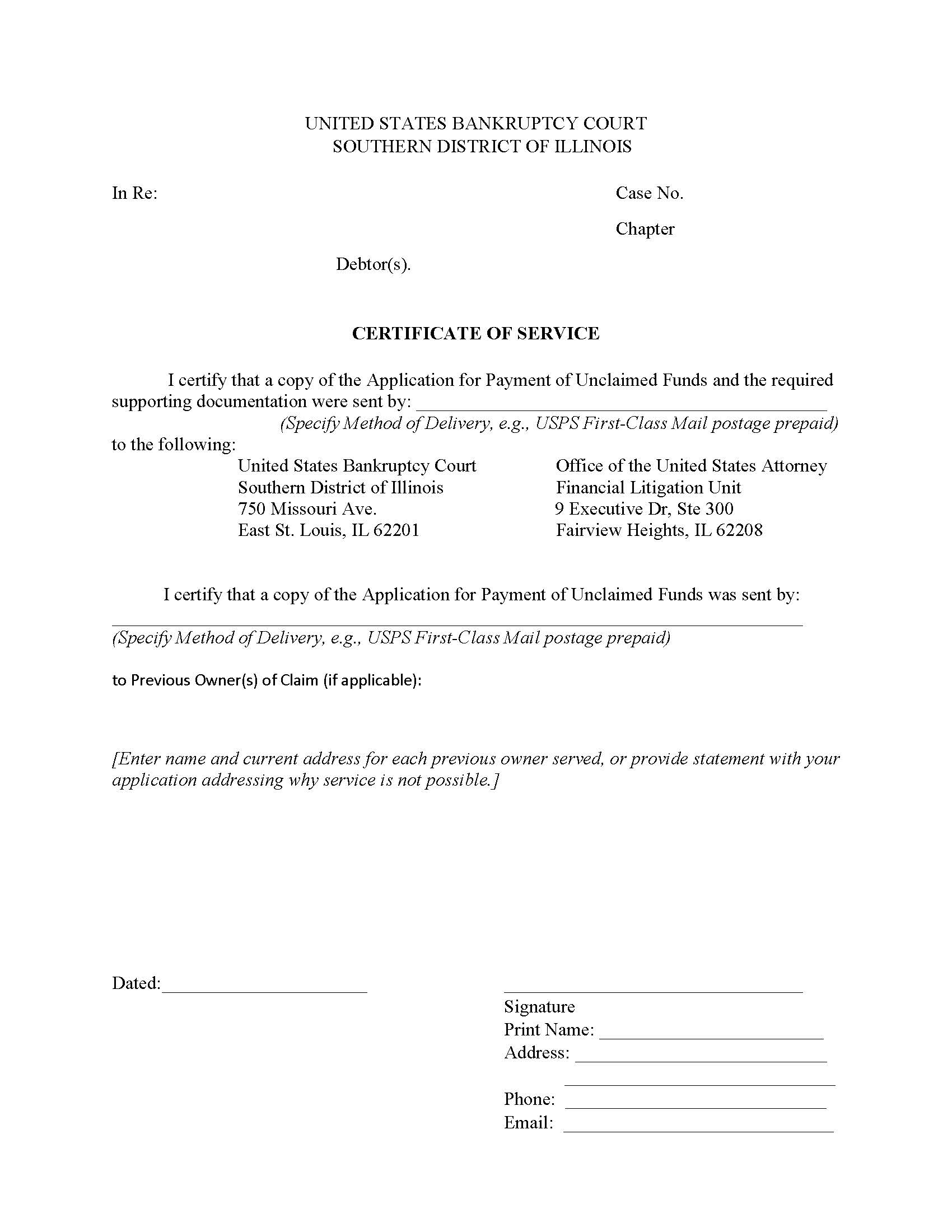 Certificate Of Service Of Application For Payment Of Unclaimed Funds | Pdf Fpdf Docx | Illinois