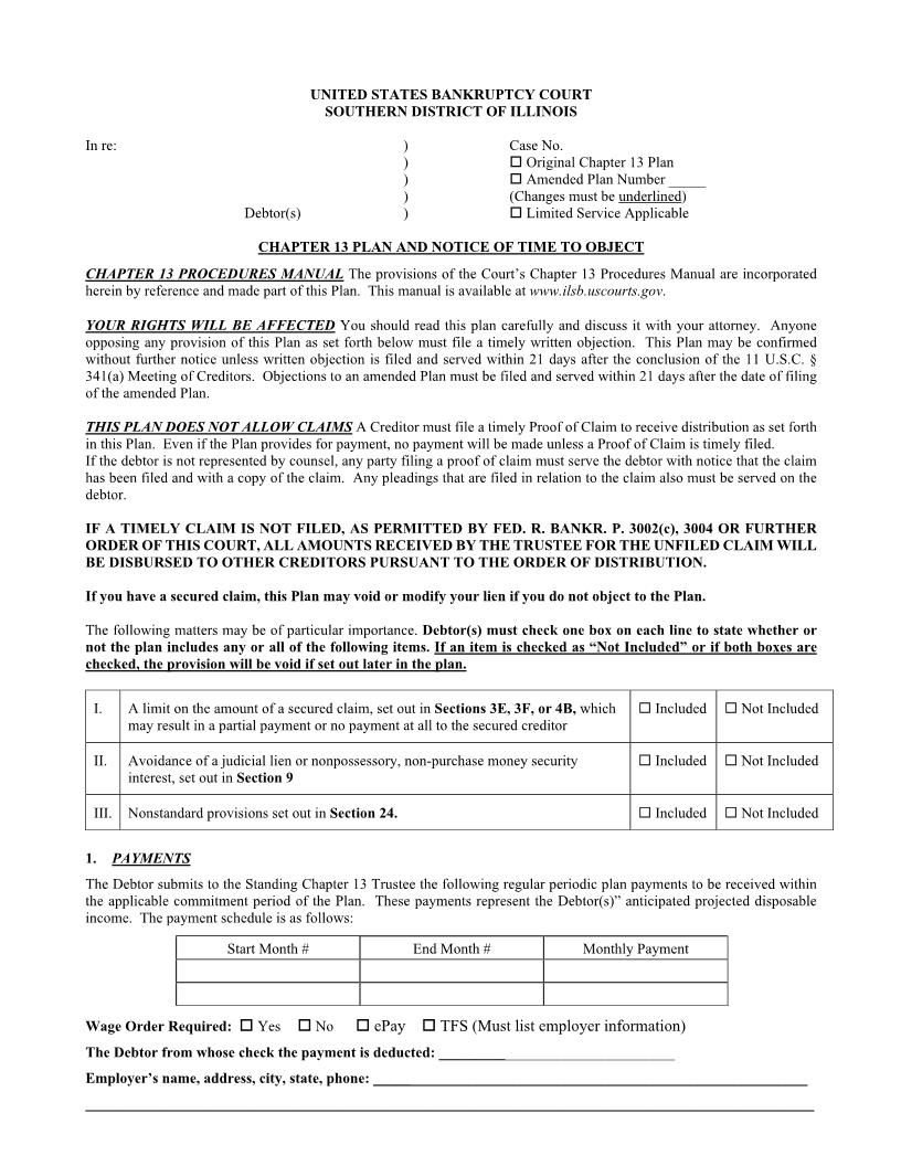 Chapter 13 Plan Notice Of Time To Object {CH13PL_1-1-19} | Pdf Fpdf Docx | Illinois
