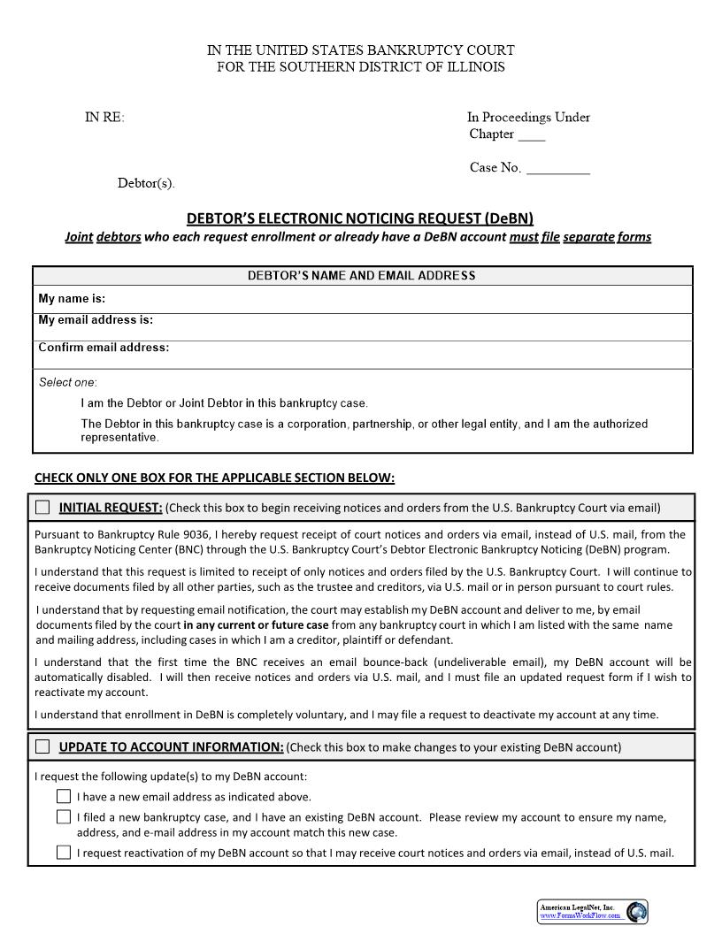 Debtors Electronic Noticing Request (DeBN) {ILSB DENR} | Pdf Fpdf Docx | Illinois
