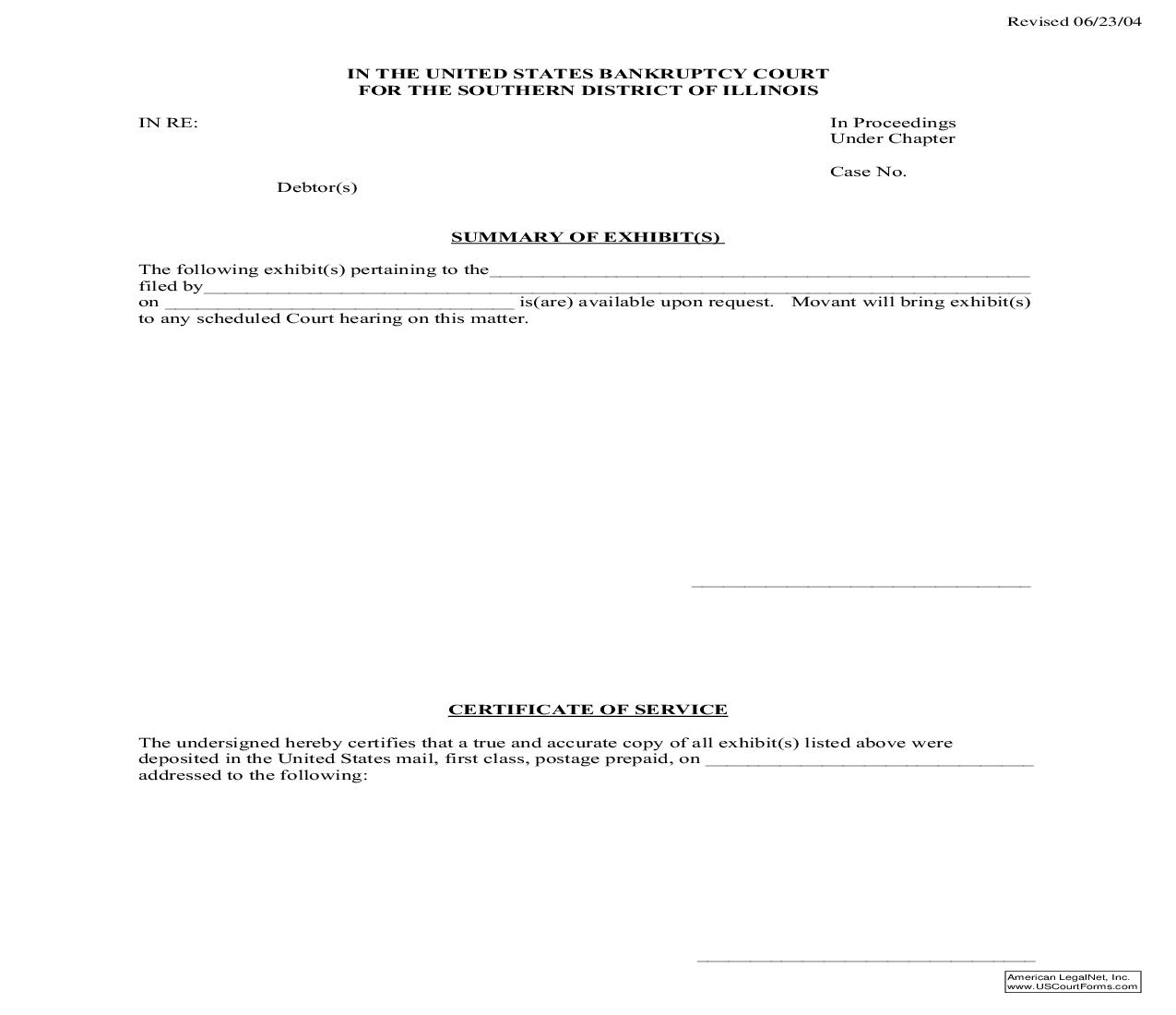 Exhibit(s) Summary And Certificate Of Service-BK | Pdf Fpdf Doc Docx | Illinois