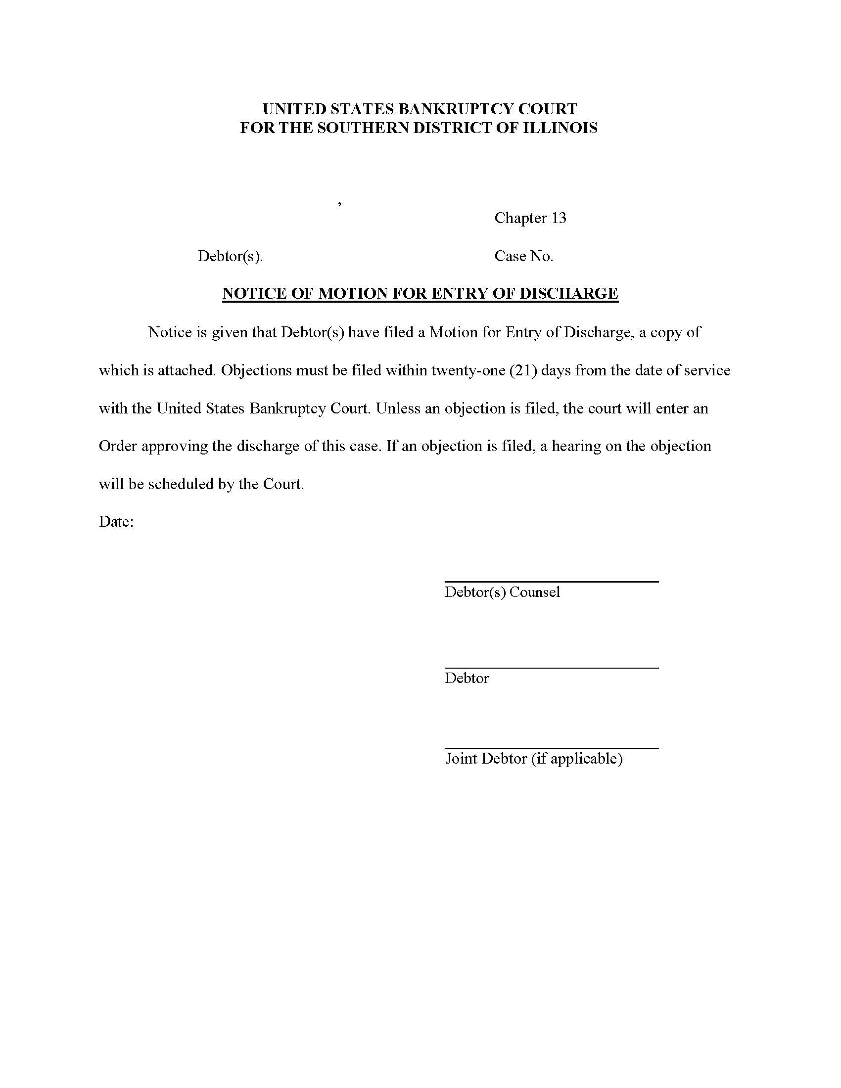 Notice Of Motion For Entry Of Discharge {ILSB NMED} | Pdf Fpdf Docx | Illinois