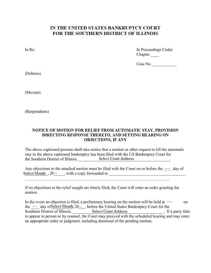 Notice Of Motion Relief From Stay Response Hearing On Objections {ILSB NMRAS} | Pdf Fpdf Docx | Illinois