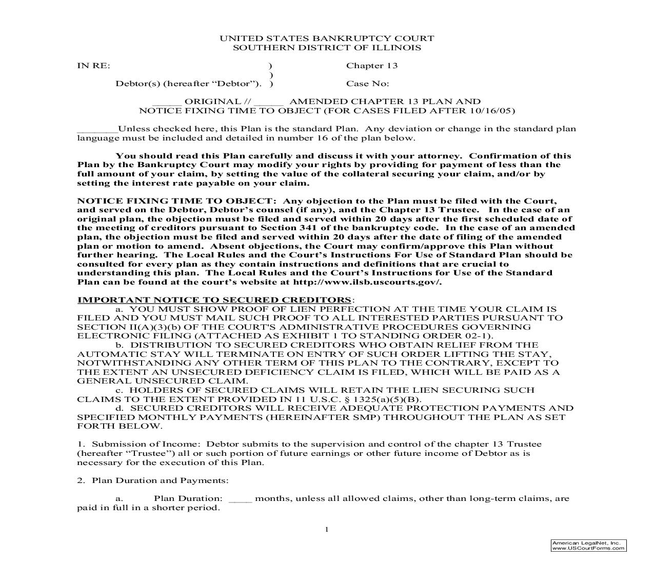 Original-Amended Chapter 13 Plan And Notice Fixing Time To Object (For Cases Filed After 10-16-05) | Pdf Fpdf Doc Docx | Illinois