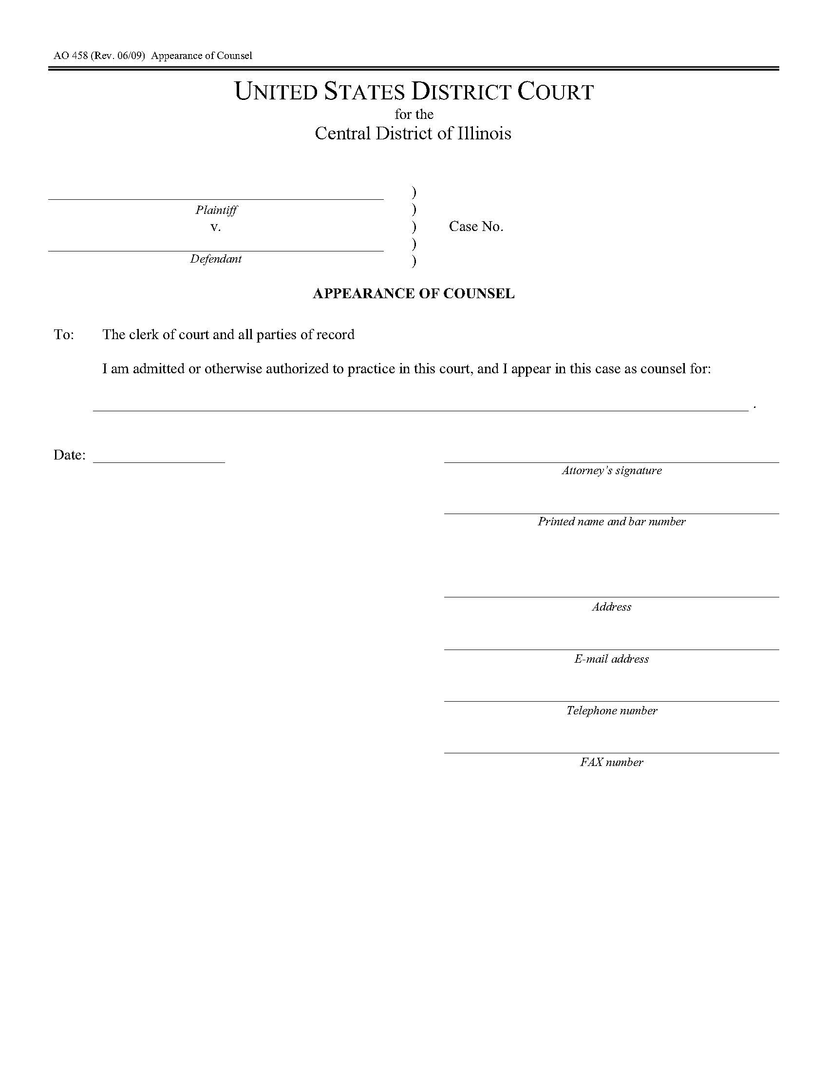 Attorney Appearance With Certificate  | Pdf Fpdf Doc Docx | Illinois
