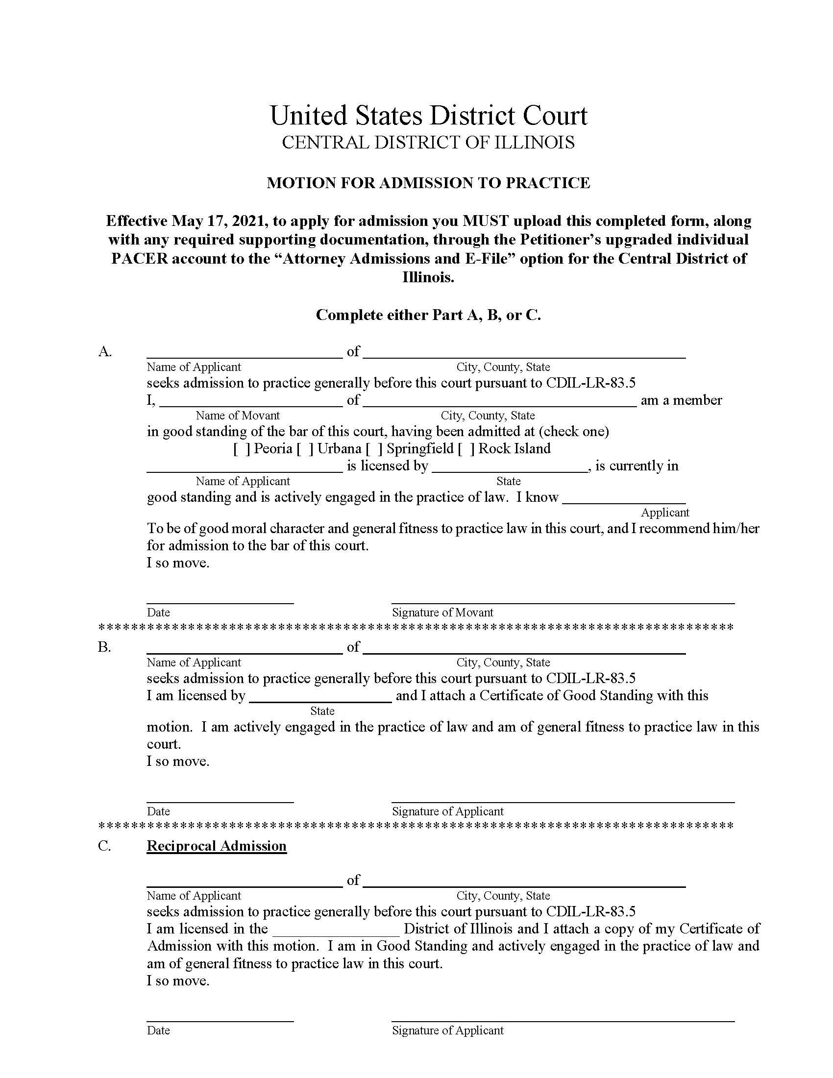 Motion For Admission To Practice | Pdf Fpdf Doc Docx | Illinois