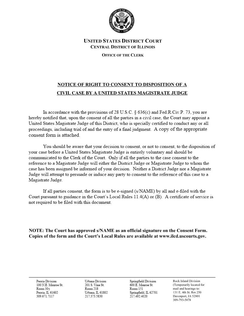 Notice Of Availability Magistrate Judge With Notice Of Right And Instructions {AO 85} | Pdf Fpdf Docx | Illinois