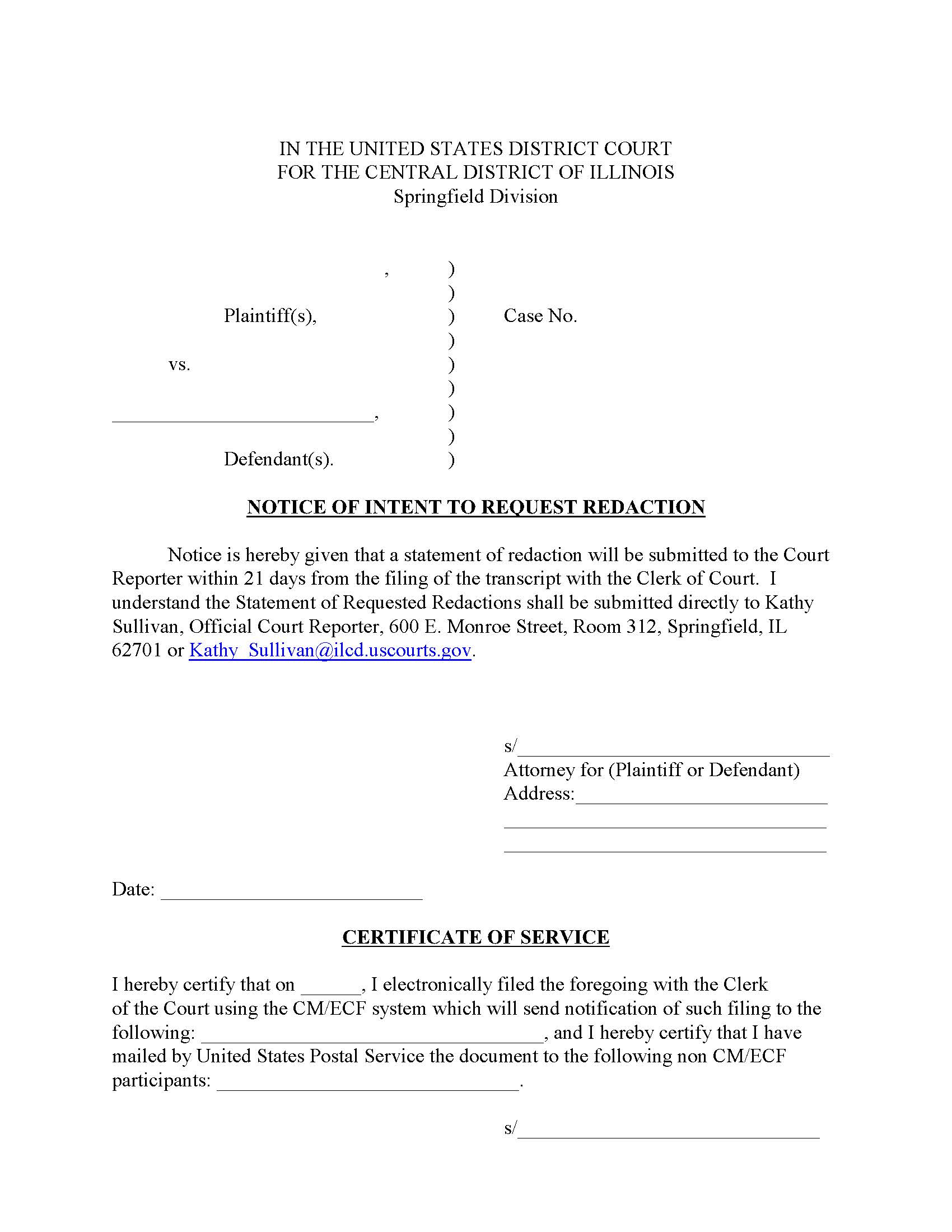 Notice Of Intent To Request Redaction {ILCD-S NIRR} | Pdf Fpdf Doc Docx | Illinois