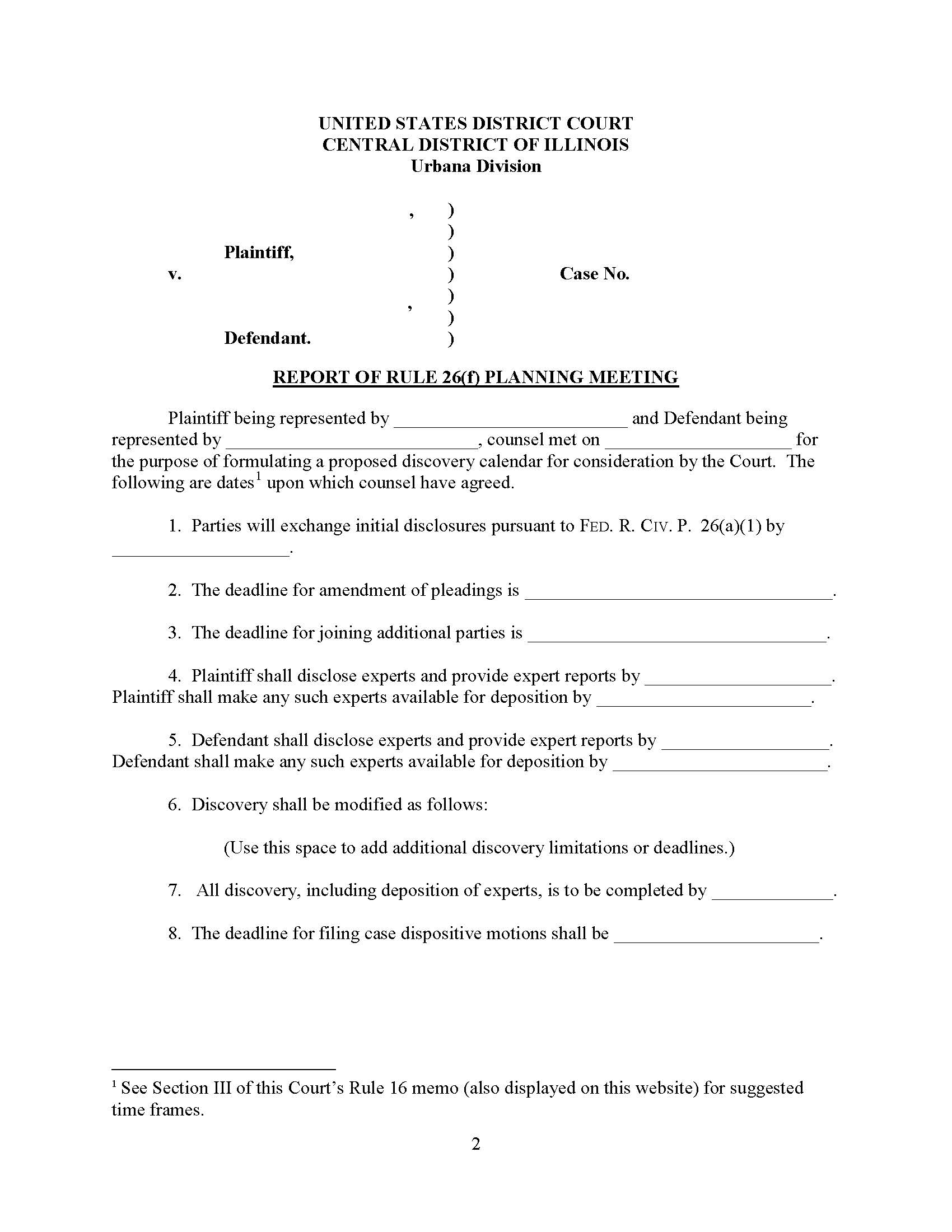 Report Of Rule 26(f) Planning Meeting (Mag. Judge Long) {ILCD R26fPM-EIL} | Pdf Fpdf Docx | Illinois
