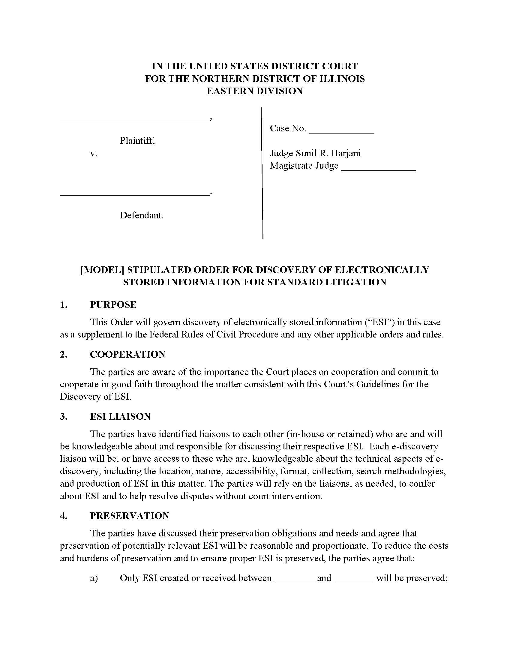 (Model) Stipulated Order For Discovery Of Electronically Stored Information (Judge Harjani) | Pdf Fpdf Docx | Illinois