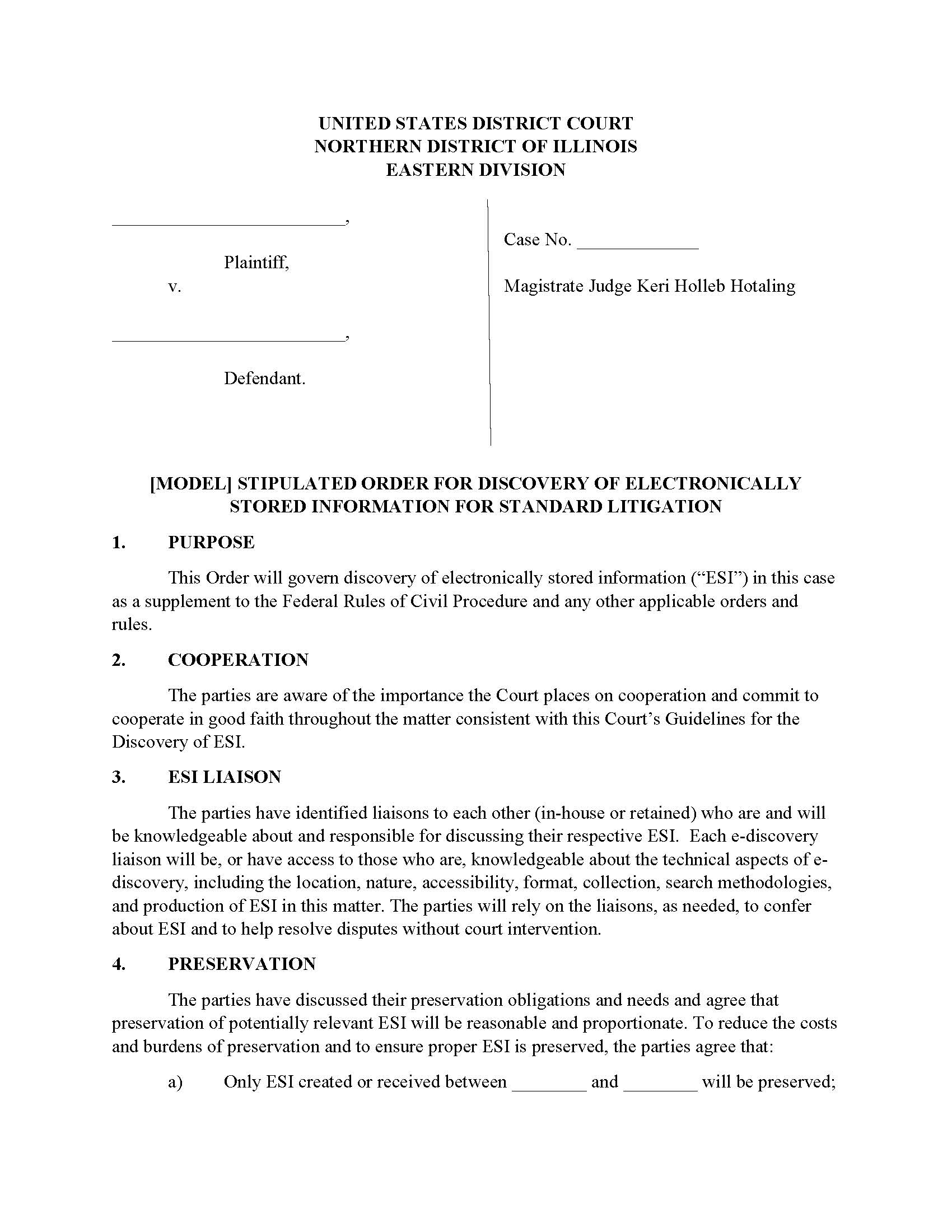 (Model) Stipulated Order For Discovery Of Electronically Stored Information (Mag. Judge Hotaling) | Pdf Fpdf Docx | Illinois