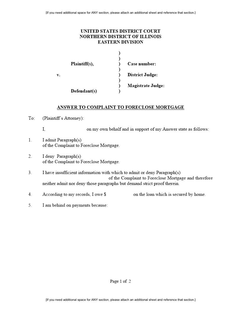 Answer To Complaint To Foreclose Mortgage {ILND ACFM} | Pdf Fpdf Docx | Illinois