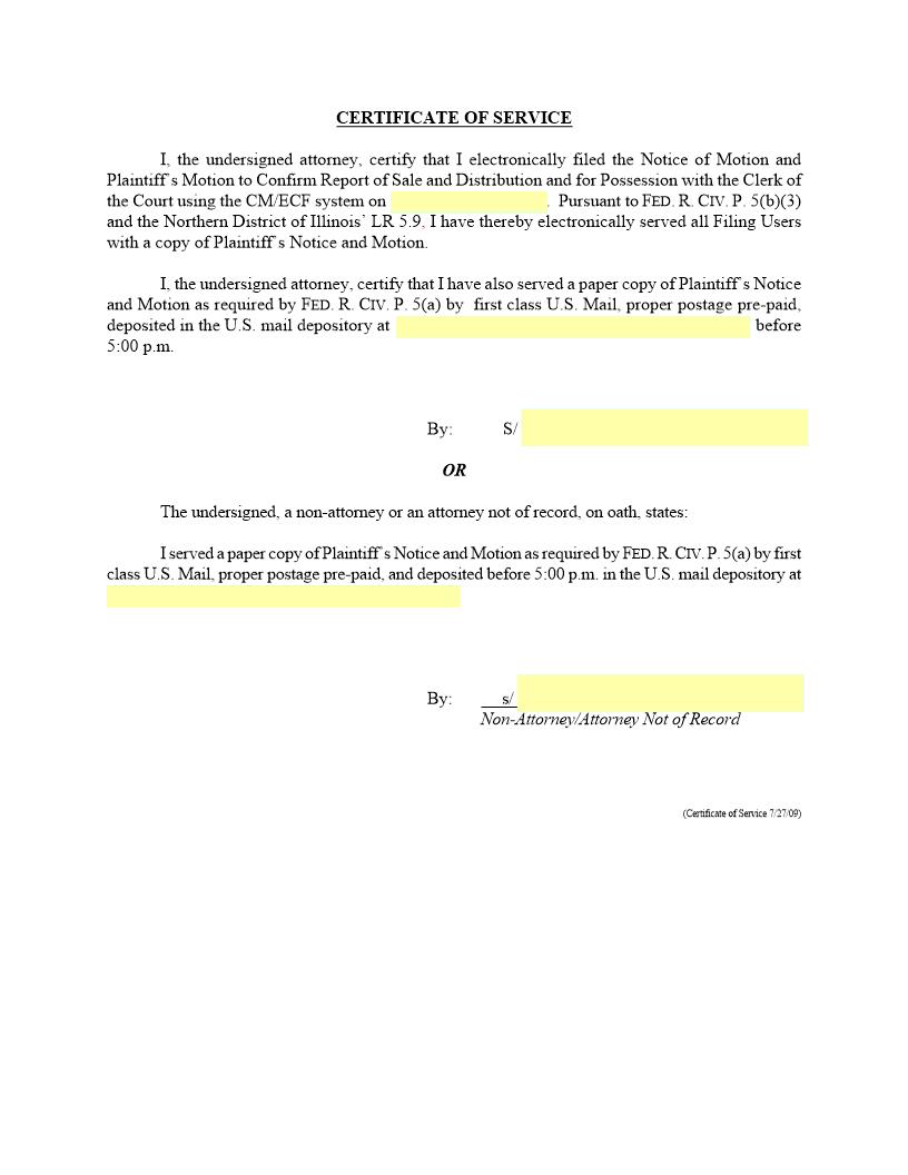 Certificate Of Service (Motion To Confirm Report Of Sale {ILND CS-MCRS} | Pdf Fpdf Docx | Illinois