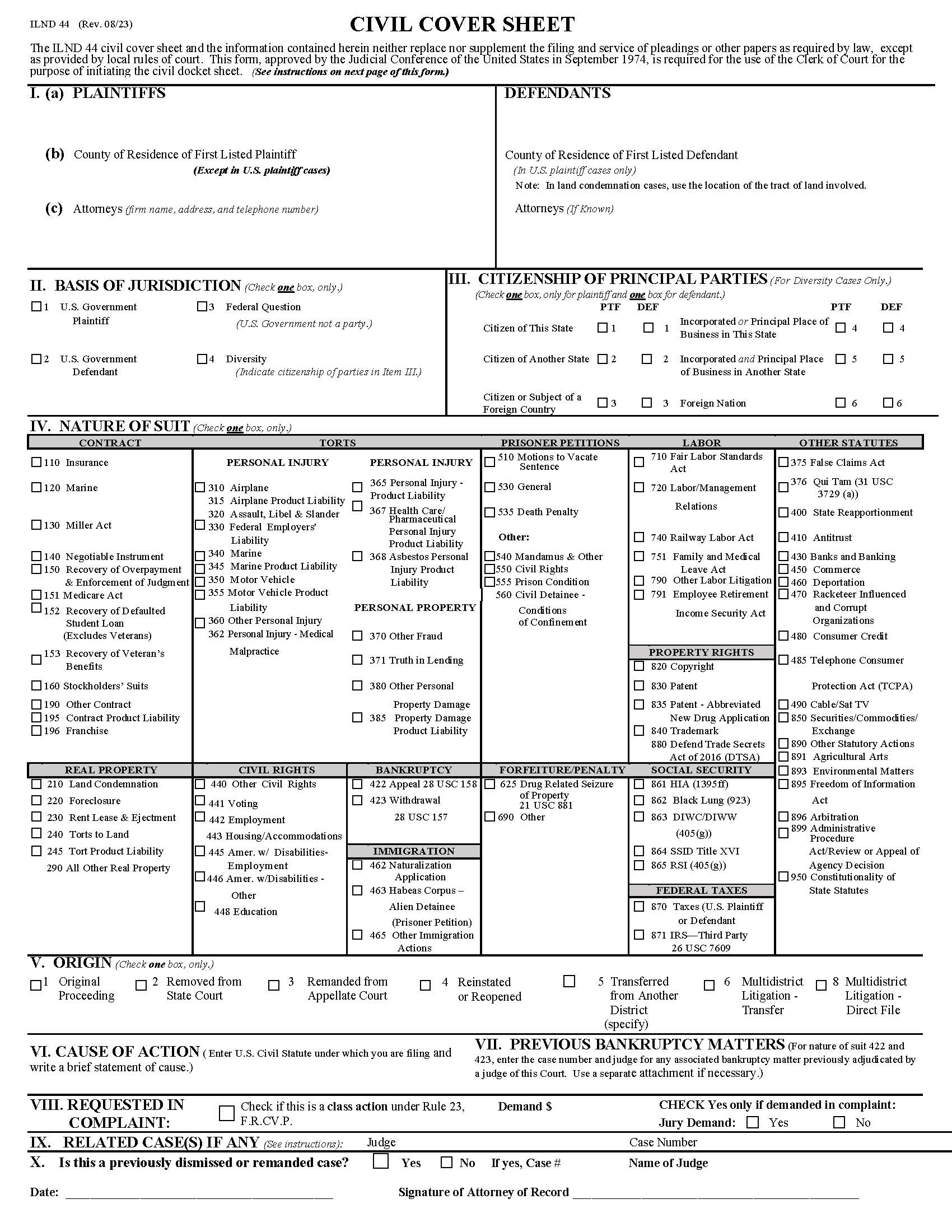 Civil Cover Sheet {ILND 44} | Pdf Fpdf Docx | Illinois