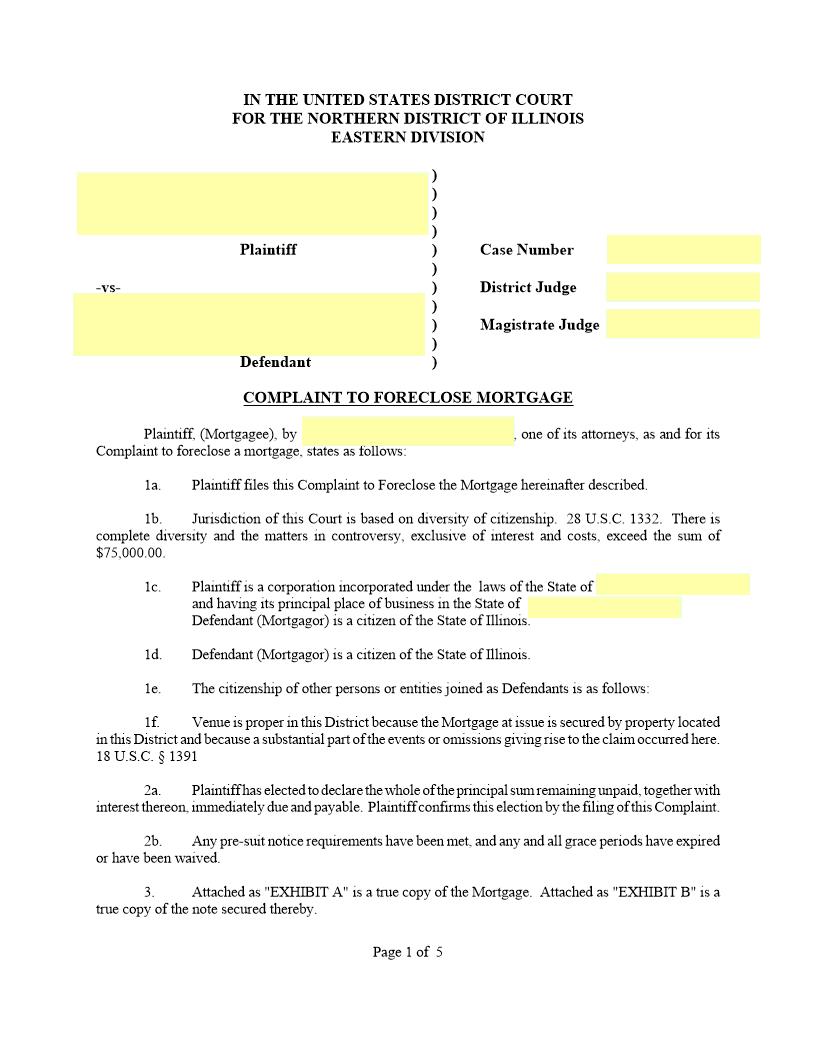 Complaint To Foreclose Mortgage {ILND CFM} | Pdf Fpdf Docx | Illinois