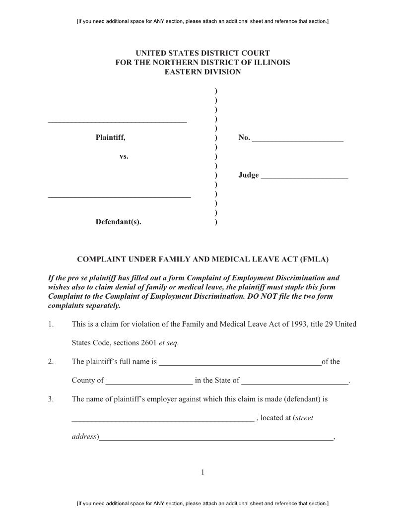 Complaint Under Family And Medical Leave Act (FMLA) | Pdf Fpdf Docx | Illinois
