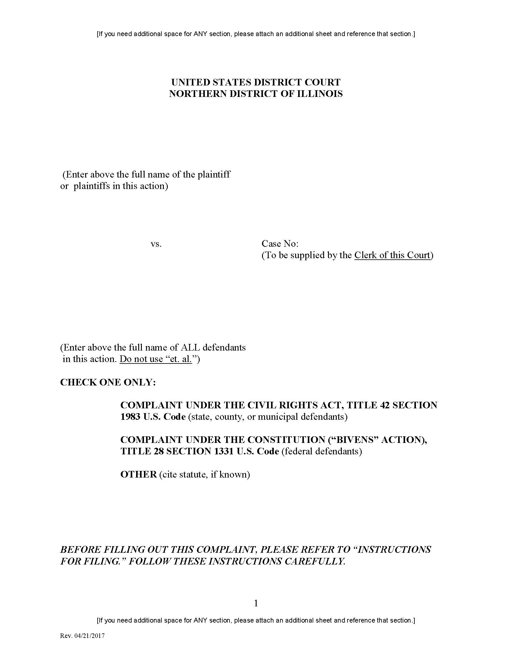 Complaint Under The Civil Rights Act Or Bivens Action | Pdf Fpdf Doc Docx | Illinois