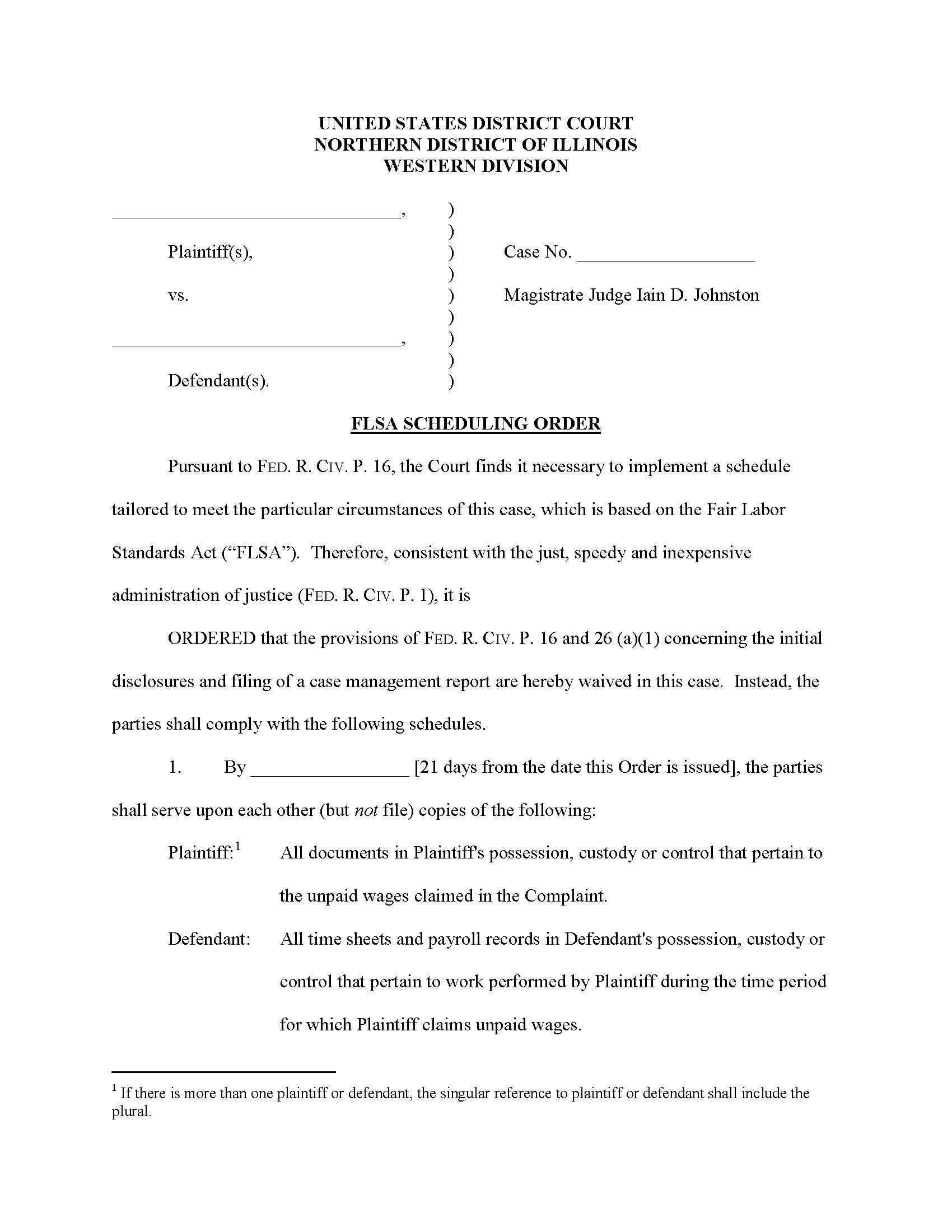 FLSA Schedling Order (Mag. Judge Johnston) | Pdf Fpdf Docx | Illinois