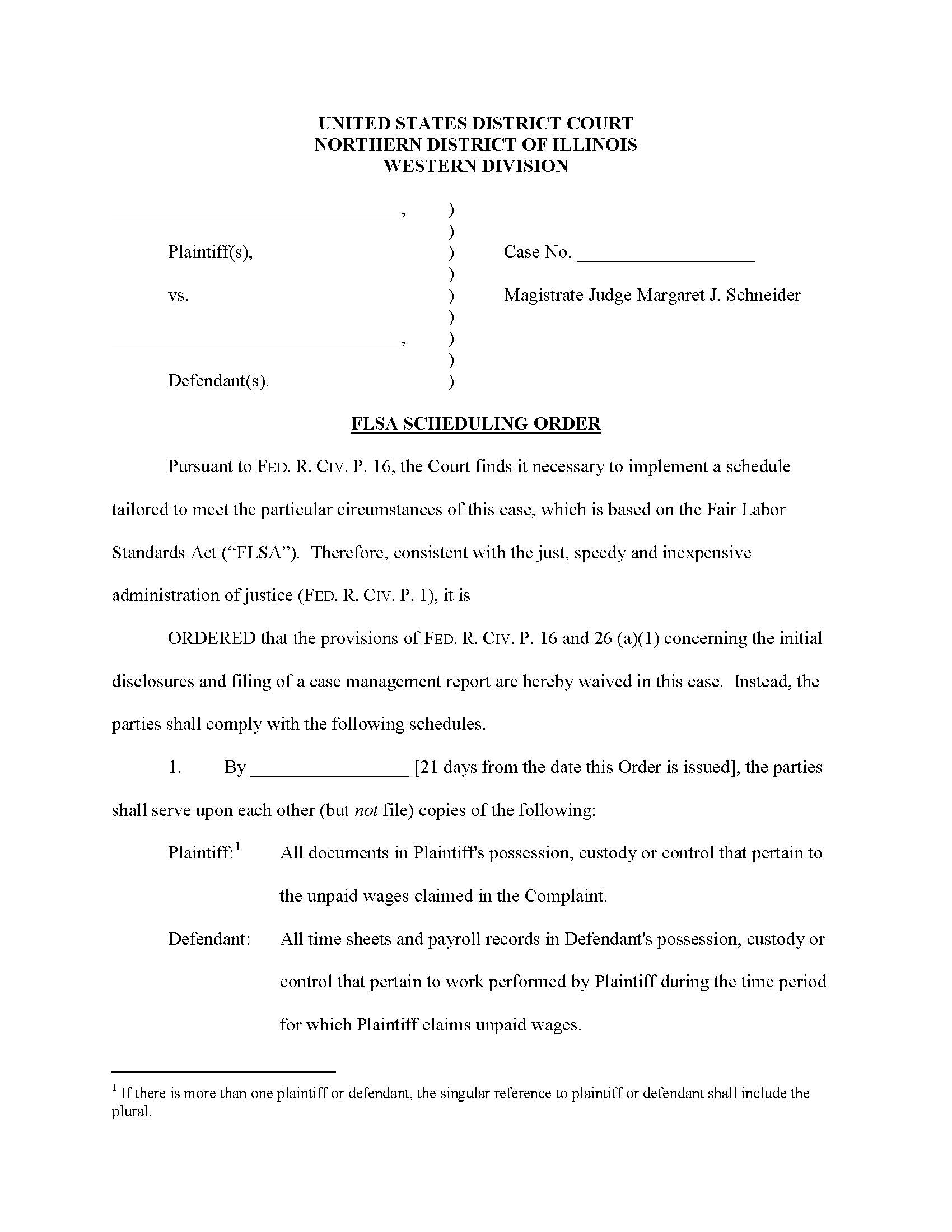 FLSA Schedling Order (Mag. Judge Schneider) | Pdf Fpdf Docx | Illinois