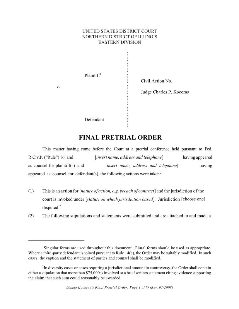 Final Pretrial Order (Judge Kocoras) {ILND FPO-K} | Pdf Fpdf Docx | Illinois
