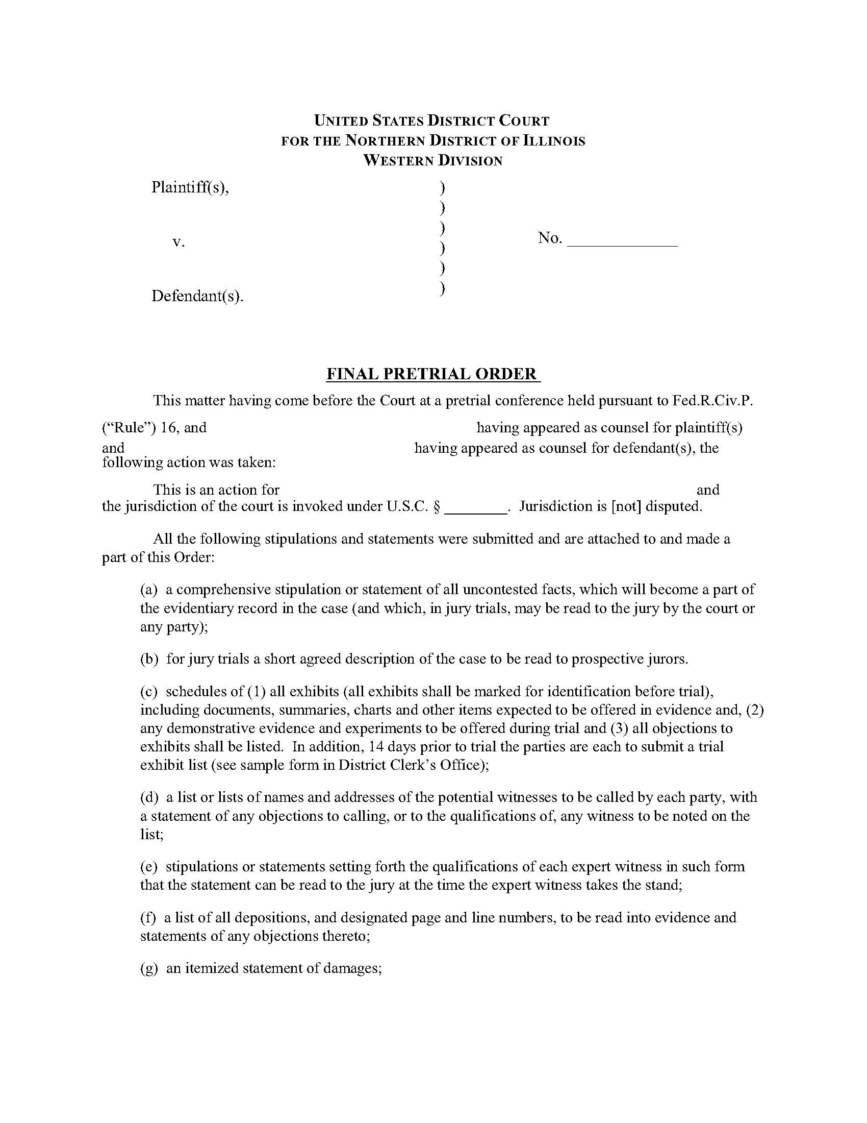 Final Pretrial Order (Judge Reinhard) | Pdf Fpdf Docx | Illinois