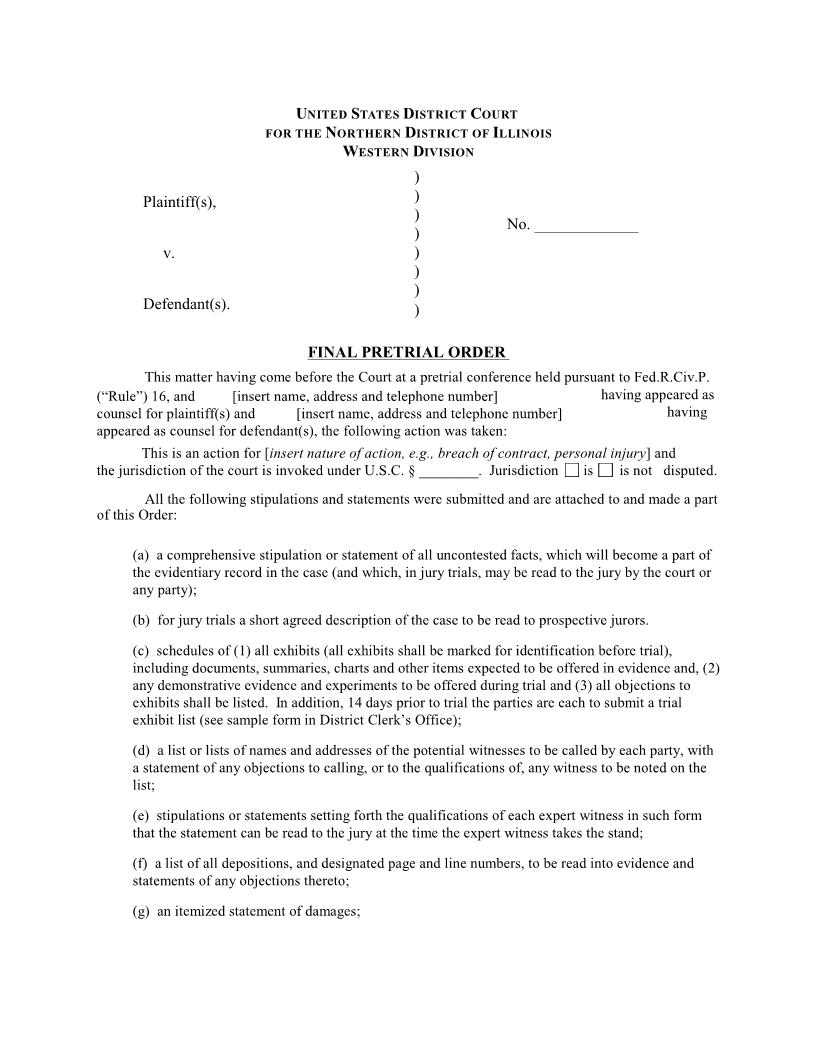 Final Pretrial Order (Mag. Judge Johnston) {ILND FPO-IAJ} | Pdf Fpdf Docx | Illinois