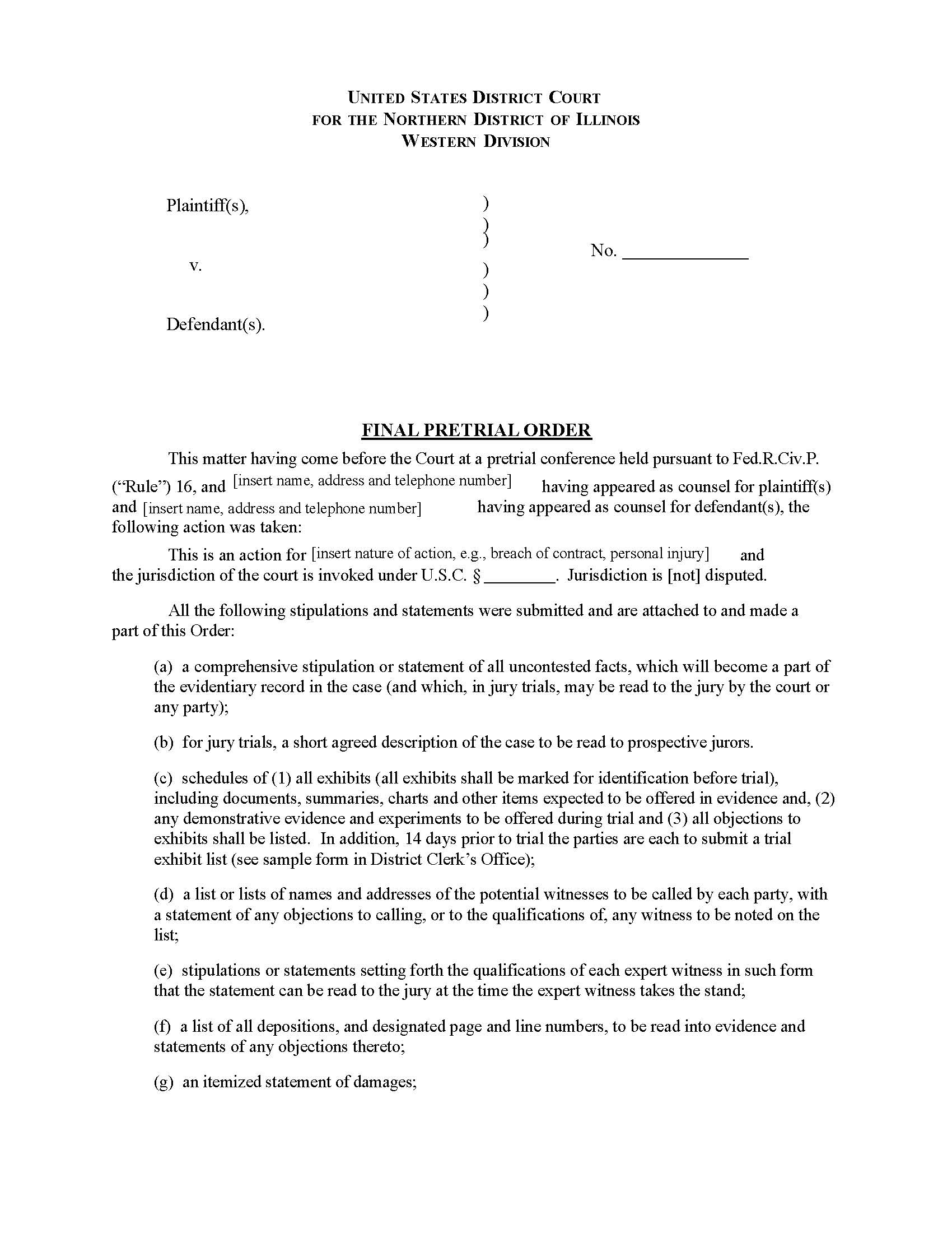 Final Pretrial Order (Mag. Judge Schneider) | Pdf Fpdf Docx | Illinois