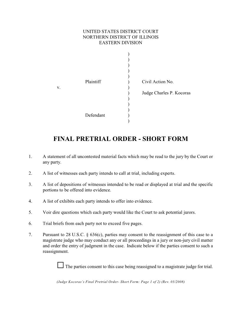 Final Pretrial Order - Short Form (Judge Kocoras) {ILND FPOSF-K} | Pdf Fpdf Docx | Illinois