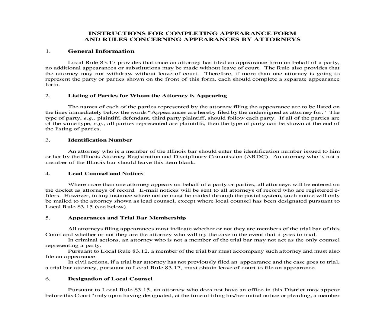 Instructions For Completing Appearance Form (Local Appearance Rules) | Pdf Fpdf Doc Docx | Illinois