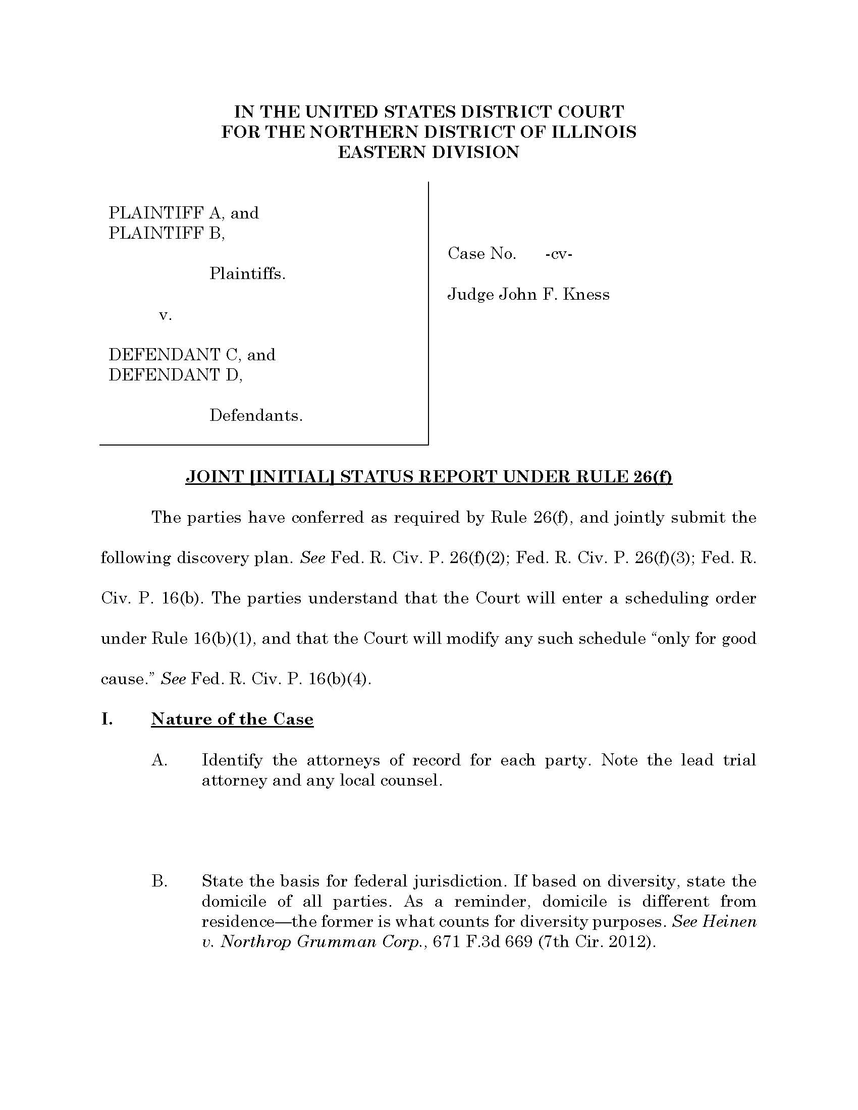 Joint Initial Status Report Under Rule 26(f) (Judge Kness) | Pdf Fpdf Docx | Illinois