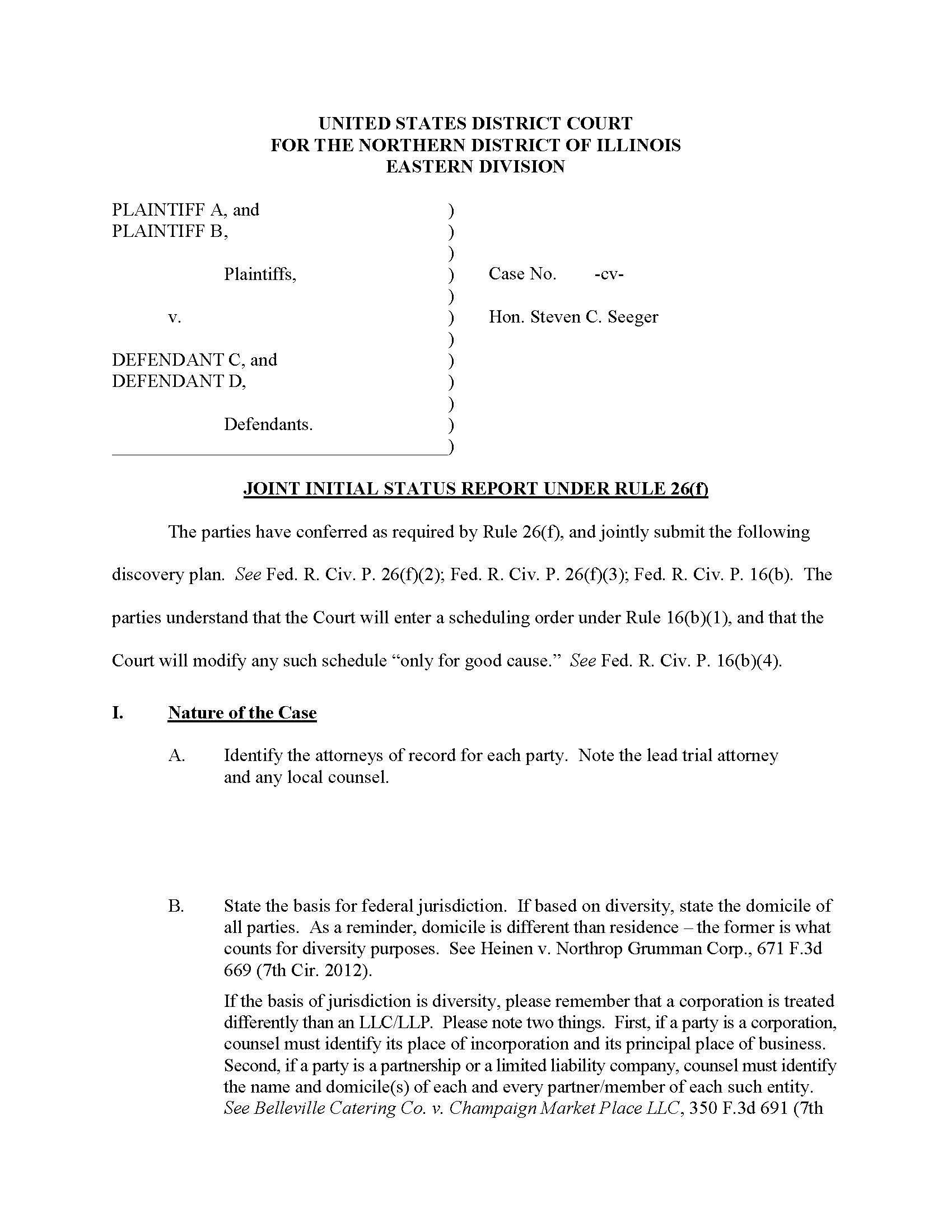Joint Initial Status Report Under Rule 26(f) (Judge Seeger) | Pdf Fpdf Docx | Illinois