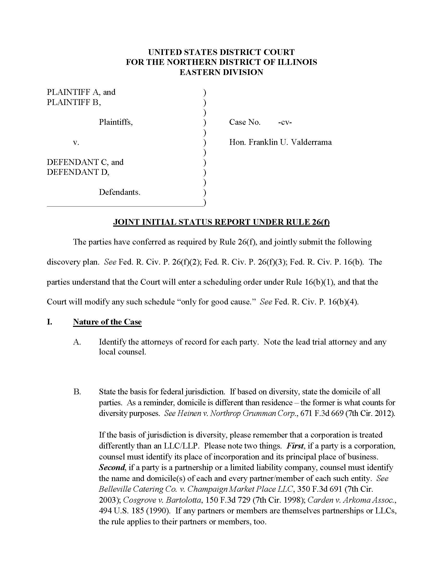 Joint Initial Status Report Under Rule 26(f) (Judge Valderrama) | Pdf Fpdf Docx | Illinois