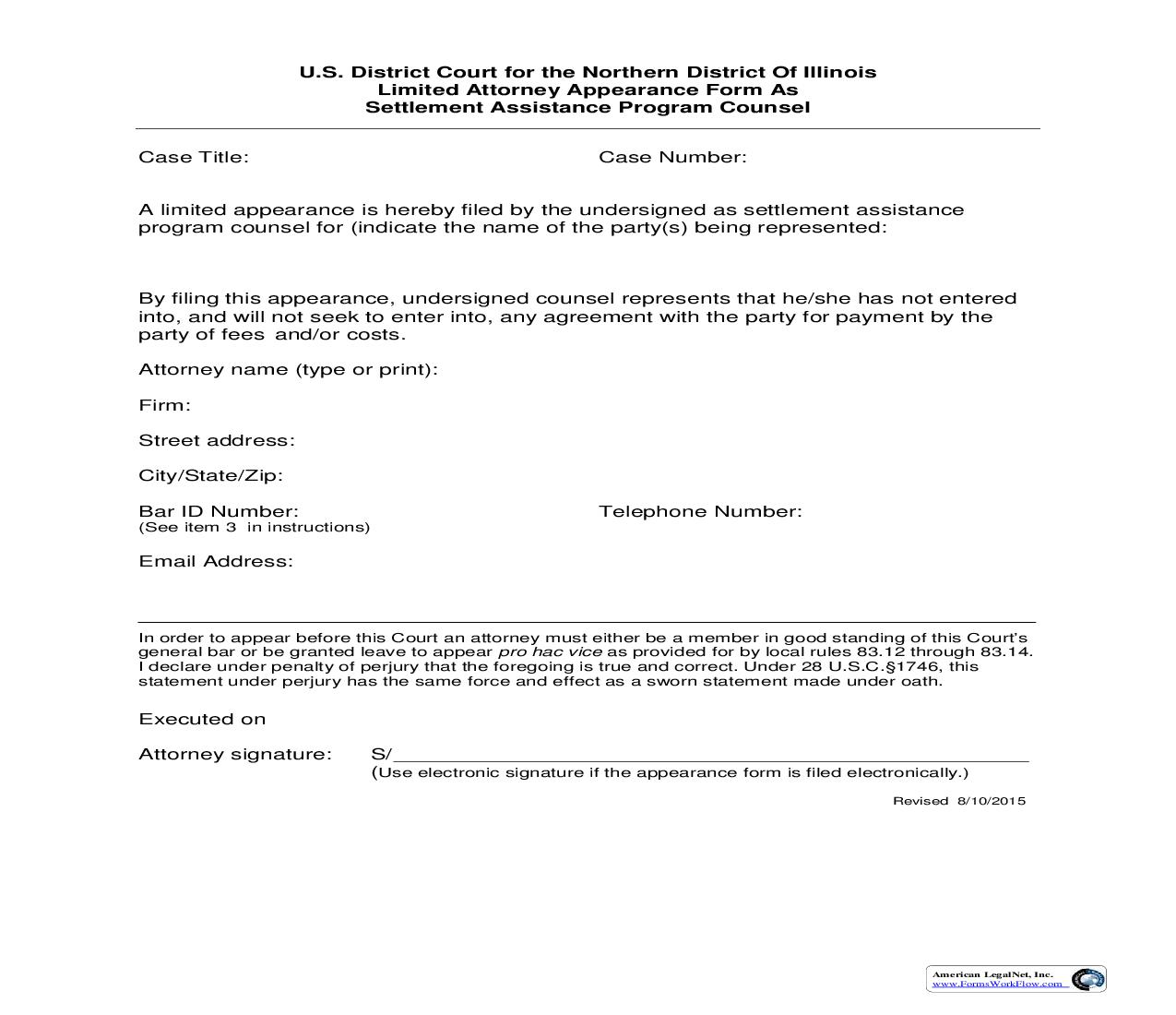 Limited Attorney Appearance Form As Settlement Assistance Counsel | Pdf Fpdf Doc Docx | Illinois