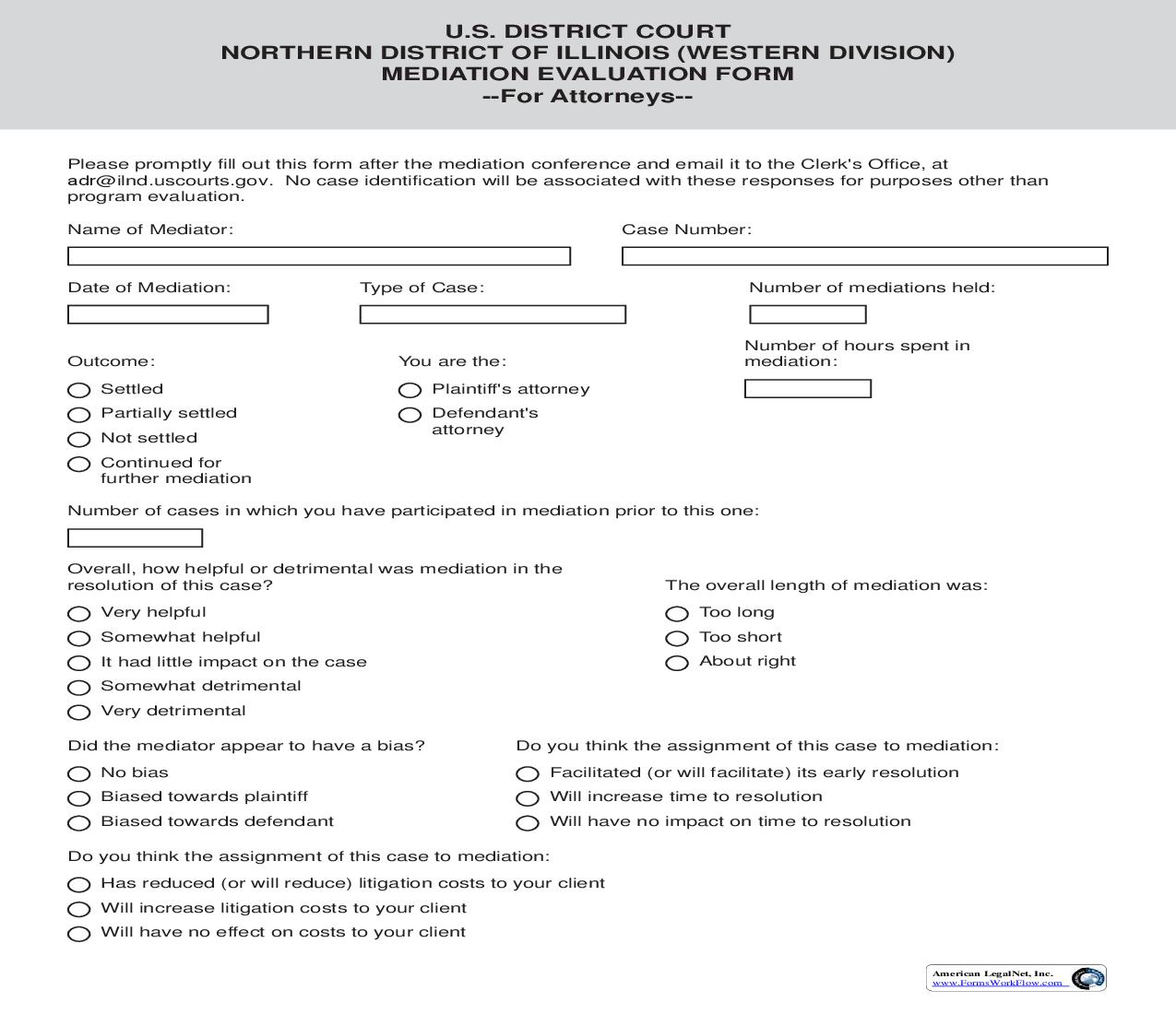 Mediation Evaluation Form For Attorneys (ILND Western Division) | Pdf Fpdf Doc Docx | Illinois