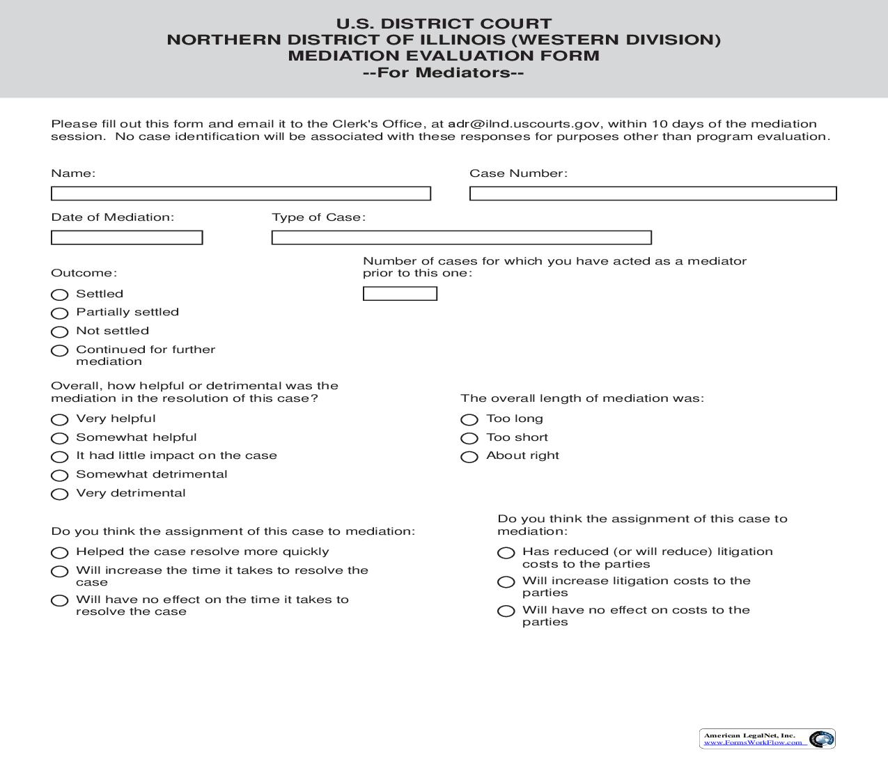 Mediation Evaluation Form For Mediators (ILND Western Division) | Pdf Fpdf Doc Docx | Illinois