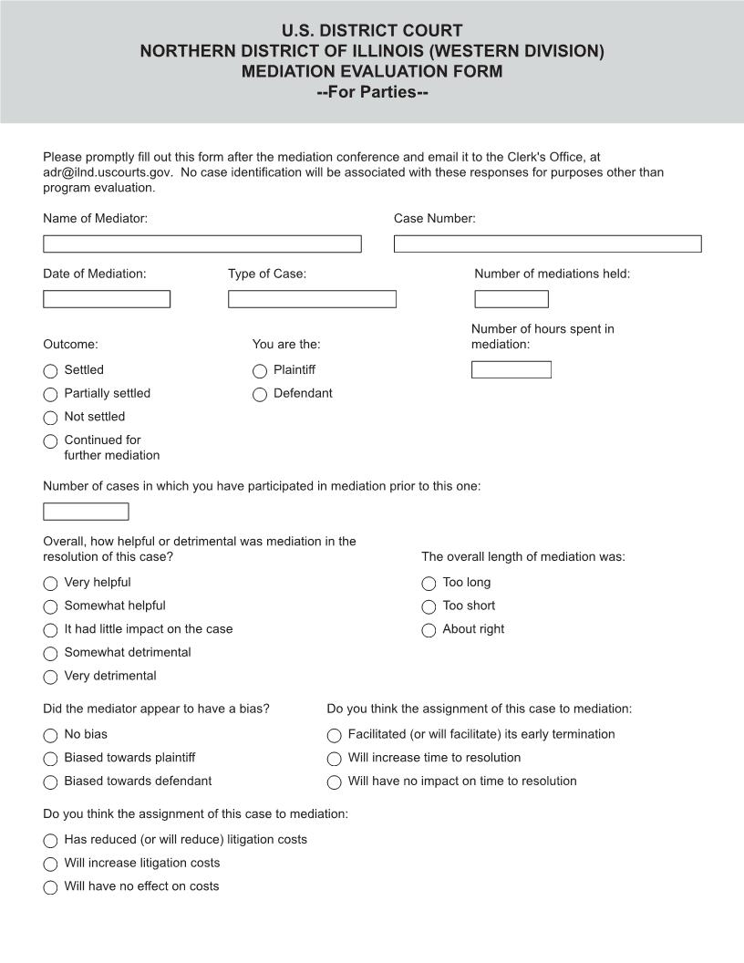 Mediation Evaluation Form For Parties (ILND Western Division) | Pdf Fpdf Doc Docx | Illinois