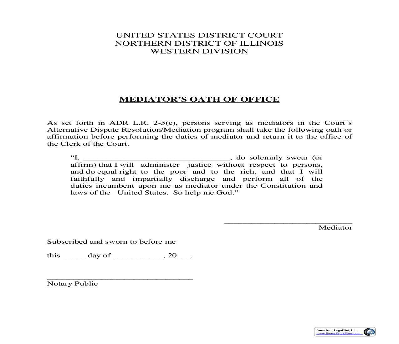 Mediators Oath Of Office (ILND Western Division) | Pdf Fpdf Doc Docx | Illinois