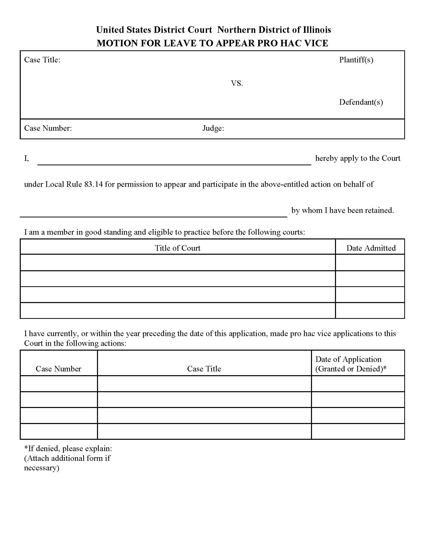 Motion For Leave To Appear Pro Hac Vice {ILND MAPHV} | Pdf Fpdf Docx | Illinois