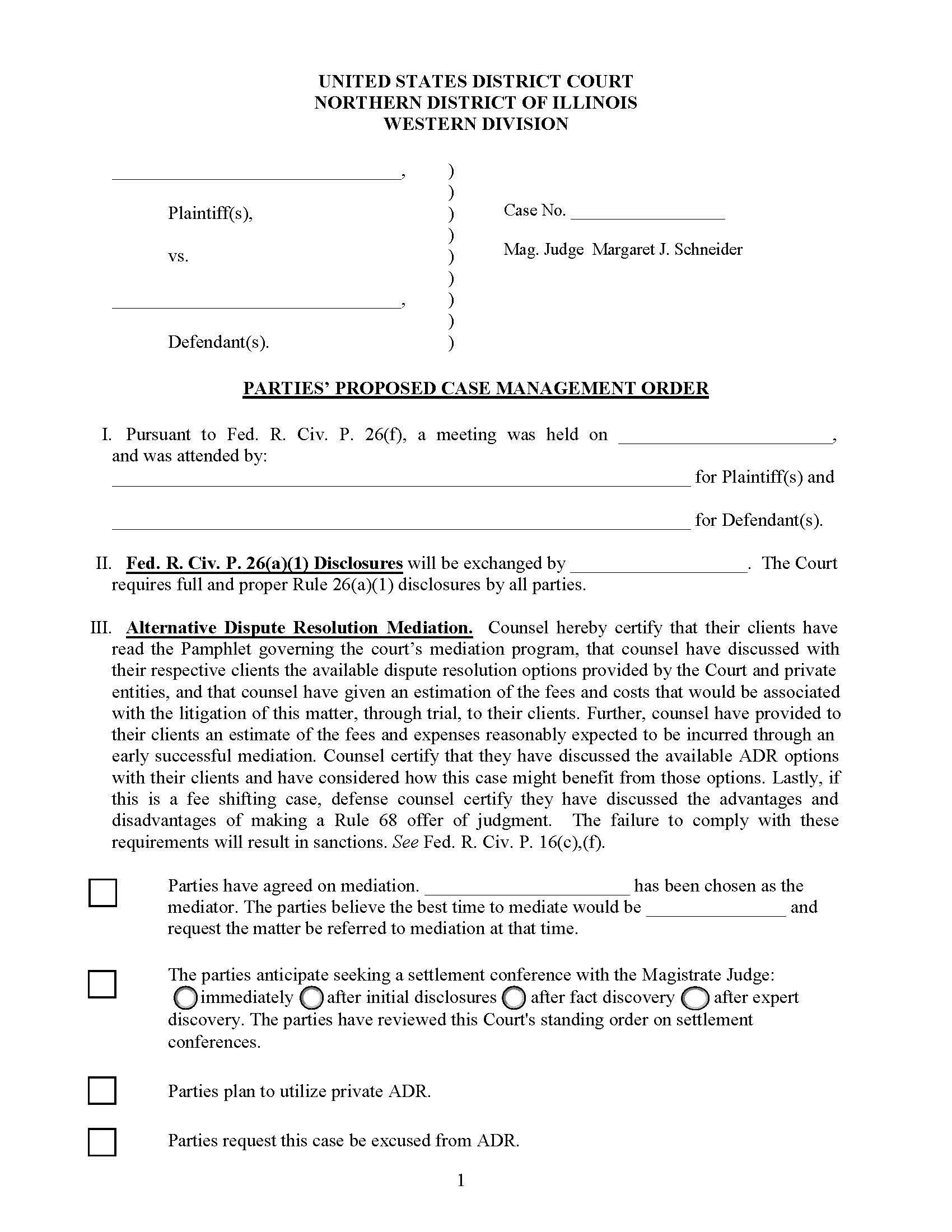 Parties Proposed Case Management Order (Mag. Judge Schneider) | Pdf Fpdf Docx | Illinois