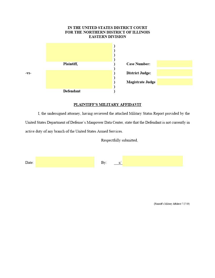 Plaintiffs Military Affidavit {ILND PMA} | Pdf Fpdf Docx | Illinois