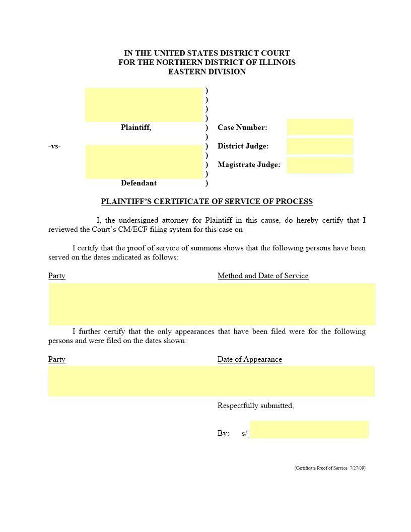 Plaitiffs Certificate Of Service Of Process {ILND PCSoP} | Pdf Fpdf Docx | Illinois