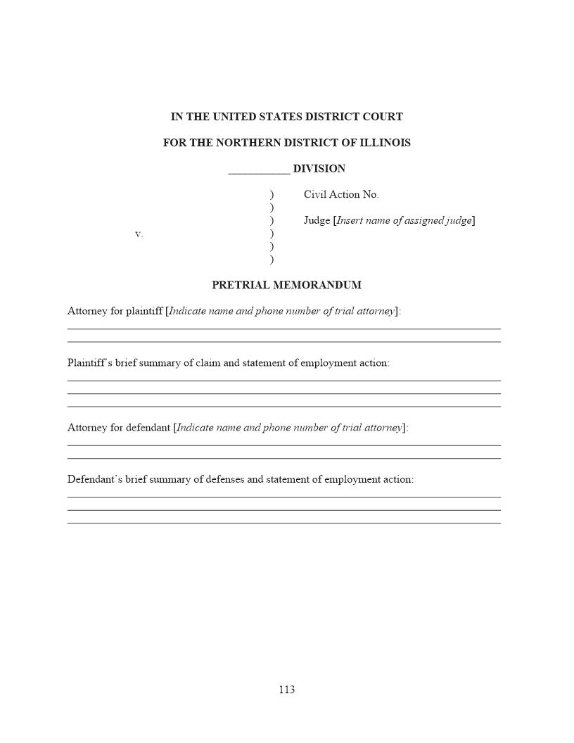 Pretrial Memorandum (Employment Discrimination Cases) {ILND PM-ED} | Pdf Fpdf Docx | Illinois