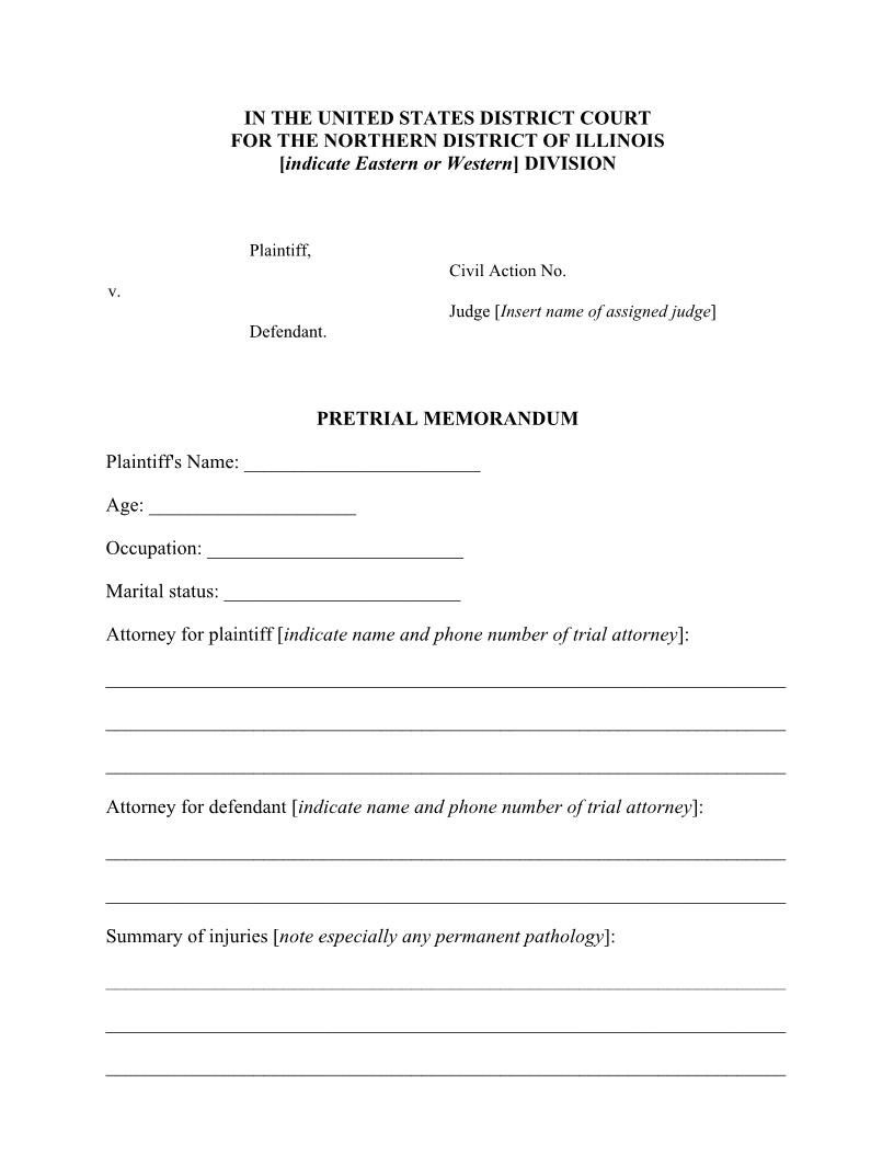 Pretrial Memorandum (Personal Injury Cases) {ILND PM-PI} | Pdf Fpdf Docx | Illinois