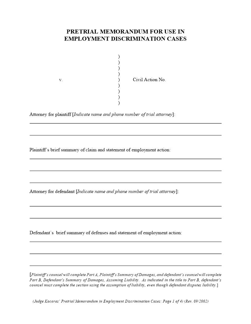 Pretrial Memorandum For Use In Employment Discrimination Cases (Judge Kocoras) {ILND PMED-K} | Pdf Fpdf Docx | Illinois