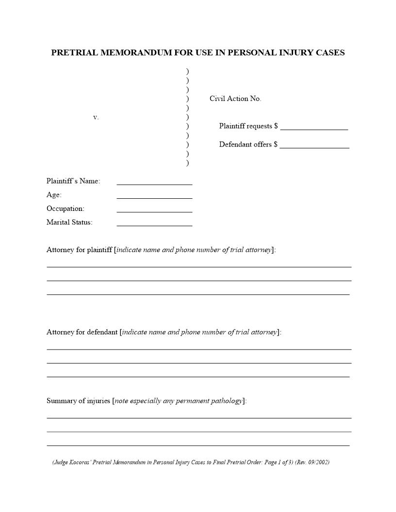 Pretrial Memorandum For Use In Personal Injury Cases (Judge Kocoras) {ILND PMPI-K} | Pdf Fpdf Docx | Illinois
