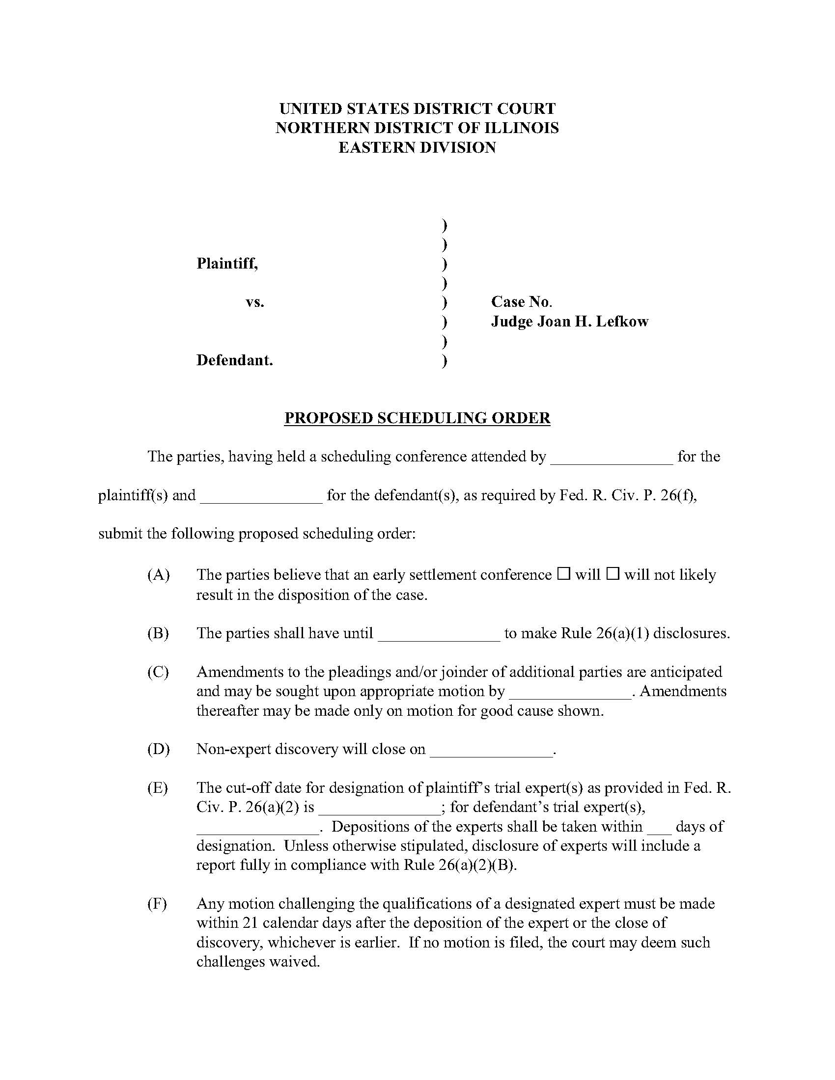 Proposed Scheduling Order (Judge Lefkow) | Pdf Fpdf Docx | Illinois