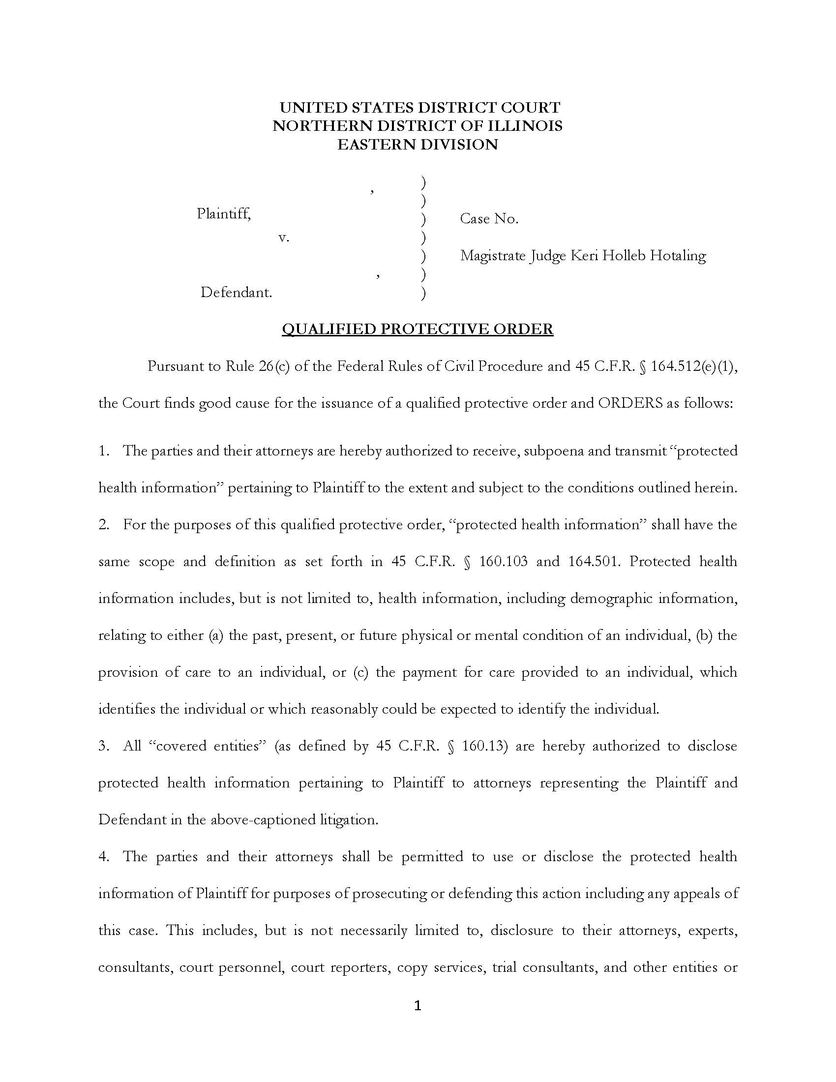 Qualified Protective Order (HIPAA - Mag. Judge Hotaling) | Pdf Fpdf Docx | Illinois